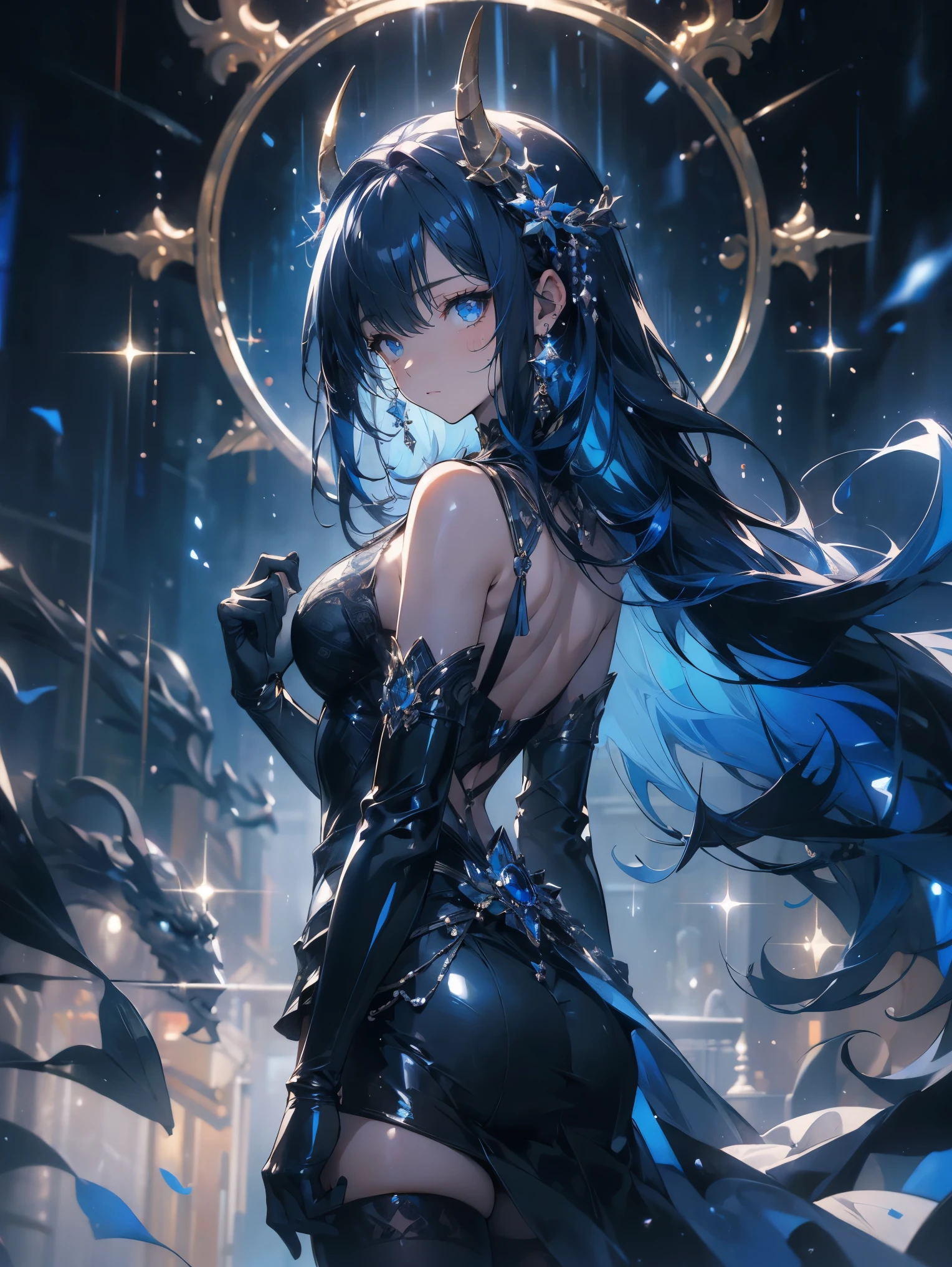 ( absurd , high quality , Super detailed, Be careful with your hands )Constellation-Sagittarius Goddess , similar to latin goodness . optimistic, fair, Funny and intelligent face . reckless, ruthless, impatient, Overconfident style . Deep blue eyes (Eye details) , Dark blue hair,shining , Sheer dress , In the starry sea , whole body , Fire , Chiron, Octane Render