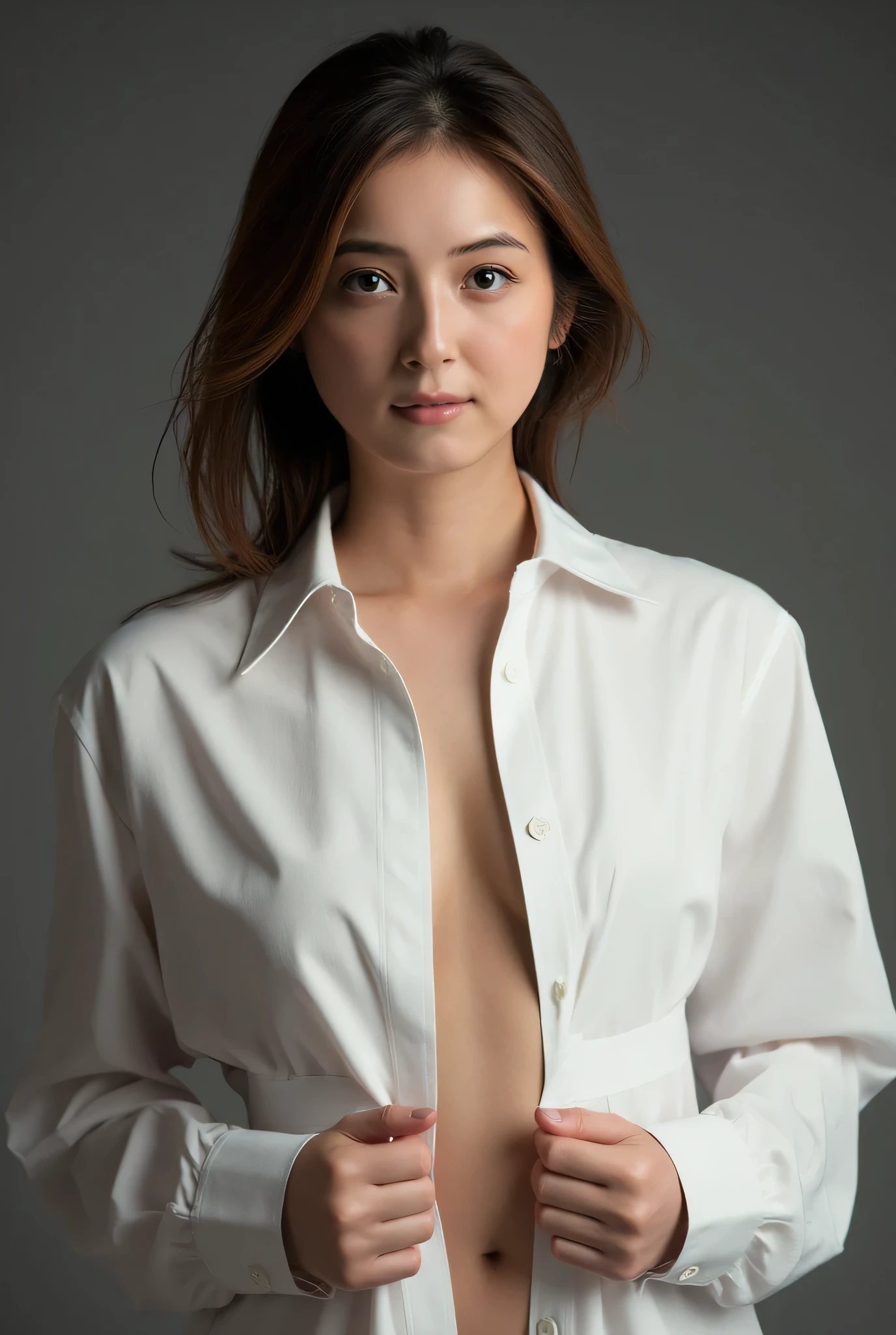 (8k、 top quality、 top quality、 best image quality、 greatest masterpiece in history:1.2)、 (There、写真There:1.37)、 Details、 top quality、 super high resolution、 PROFESSIONAL LIGHTING 、 physically-based rendering 、 Room lighting only 、 Good composition 、 one person 、 (whole body)、 in underwear 、 cool expression 、 above your neck 、 ( ( white shirt ))、Front opening 、 Biologically correct human body structure 、 from the front 、woman、 extremely sexy lingerie