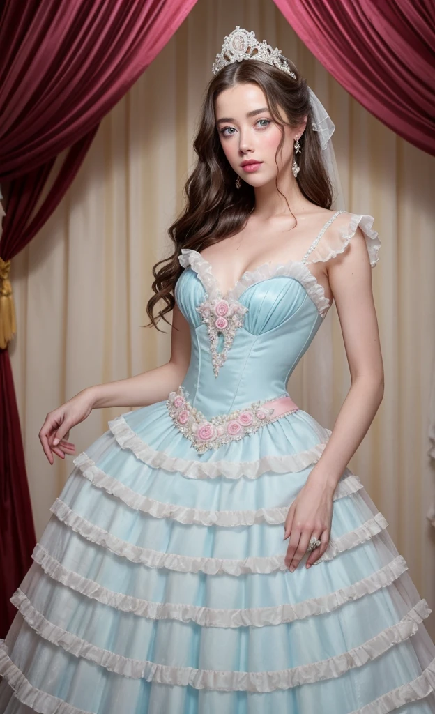 (фото на фоне снежного поля) young crossdresser,grey color fur opera gloves,fur hat,(long hair,grey color satin dress with fur,с широкой юбкой на кринолине,с широкими лямками),(puffy gown,hoop skirt,crinoline gown, panniers dress:1.4),(big bust:1.2),jewelry,necklace choker,soft natural makeup,(earrings),precious stones on dress, выразительные глаза