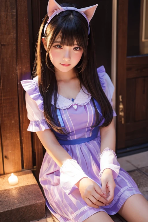 女の子 in a purple dress sitting on a desk, Ruffled mini skirt, high , I also make fan art, Slender body line, 女の子 with long hair, Cute girl anime visuals, Beautiful school girl, Brown Hair, Anime Moe Art Style, Young girl, (beautiful girl, , Baby Face),  in a nice dress, ribbon, Haruno sakura, Beautiful breasts, Slim and attractive thighs:1.2, Beautiful breasts, Small beautiful butt, Curved waist, (Detailed eyes and face:1.3, Professional photography techniques), (Highest quality, 8K, masterpiece:1.2, RAW Photos), Look down at the viewer, (blush:1.2)