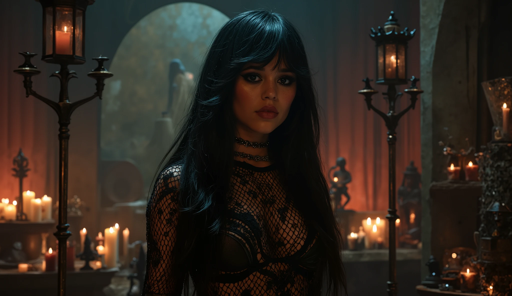 Create a scene featuring a female character a beautiful Cenobite like from Clive Barker, with long, vibrant black hair styled dramatically. face like Ana de Armas. She is wearing an edgy outfit made of fishnet and leather, adorned with gothic accessories like chokers and earrings. The setting is a mystical room decorated , surrounded by dark, enchanting elements potions on shelves. The atmosphere is moody yet inviting, evoking a sense of mysterious allure. Candles shaped like celestial beings burn brightly, their flames swirling with a divine aura, creating an enchanting yet serene atmosphere that reflects her connection to the sacred. The air is saturated with the scent of incense, further enriching the magical atmosphere that surrounds this otherworldly being. The entire image is rendered in digital art with a combination of 3D modeling, screen printing and vector art. Photorealistic, 34k, hyper-realistic, best quality, Sony Alpha a7 IV and captures every detail - from the intricate patterns on her clothing to the breathtaking interplay of light.