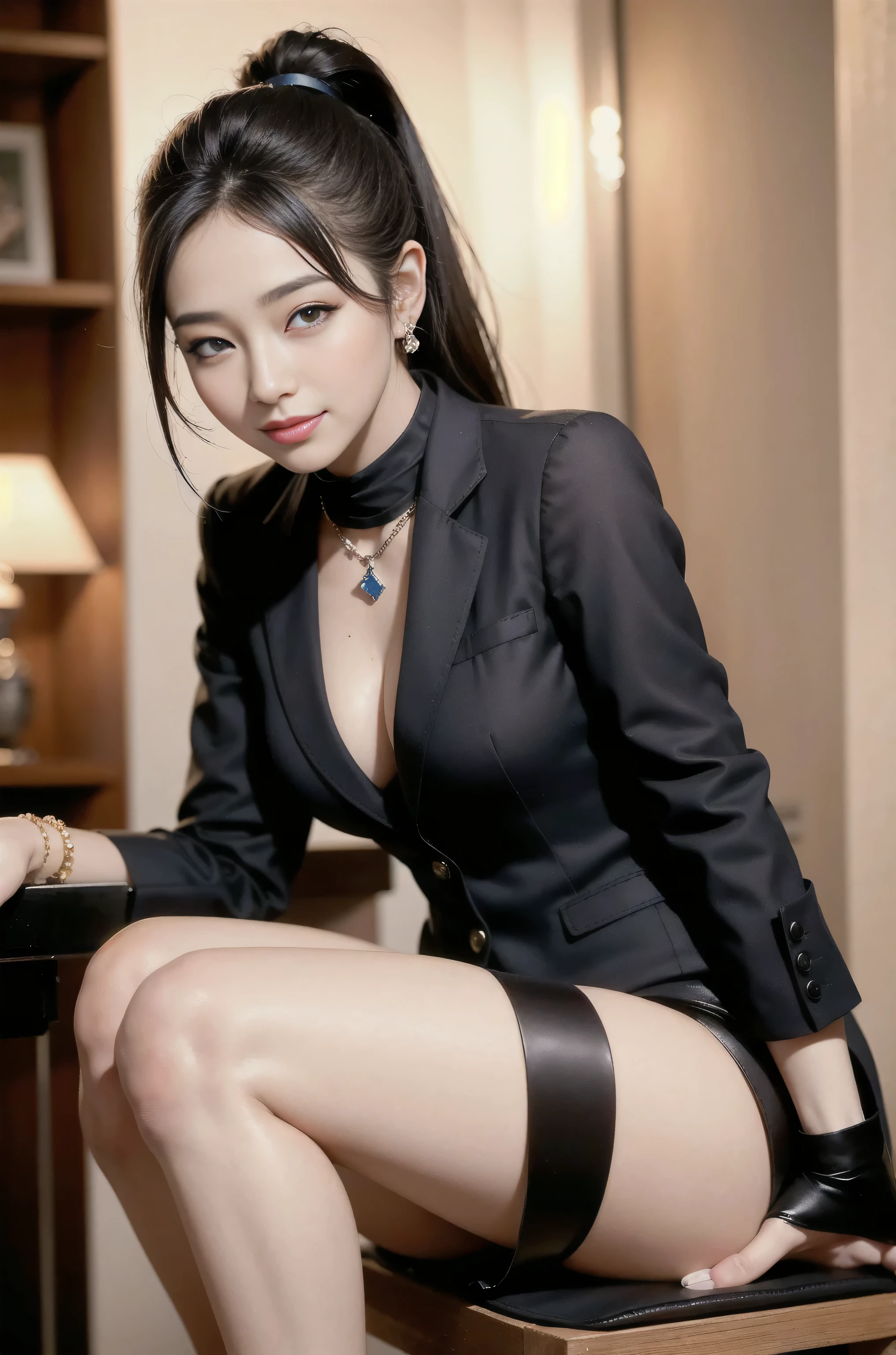 office, wear black office suit, sitting on office chair, wearing gray skirt, showing white silk pantie, (open legs:1.2), japanese female, ponytail, dark brown heir, perfect female body, masterpiece, 8k, brown eye, bear shoulder, from below, (nsfw:1.2), extremely detailed,