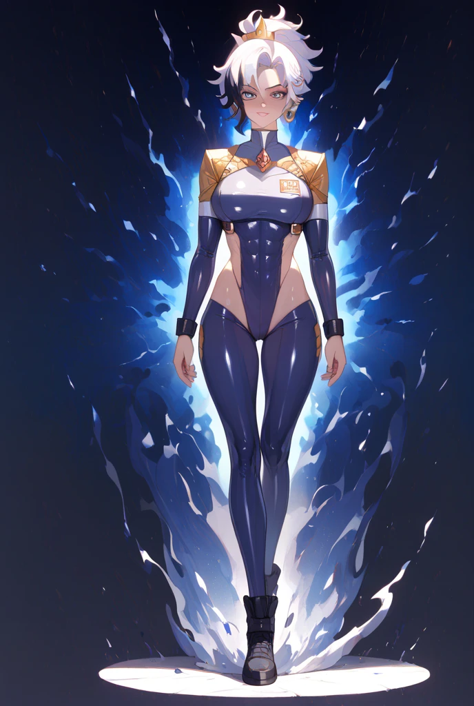 1girl, superhero, leotard, bare legs, boots, matching boots, dark blue hair, dark blue eyes, star symbol on chest, bob hair, medium breasts, light particles, aura, blue aura, stand, standing, space backdrop, magic, hand on hip, beautiful detailed eyes, body infused with blue aura, glowing body