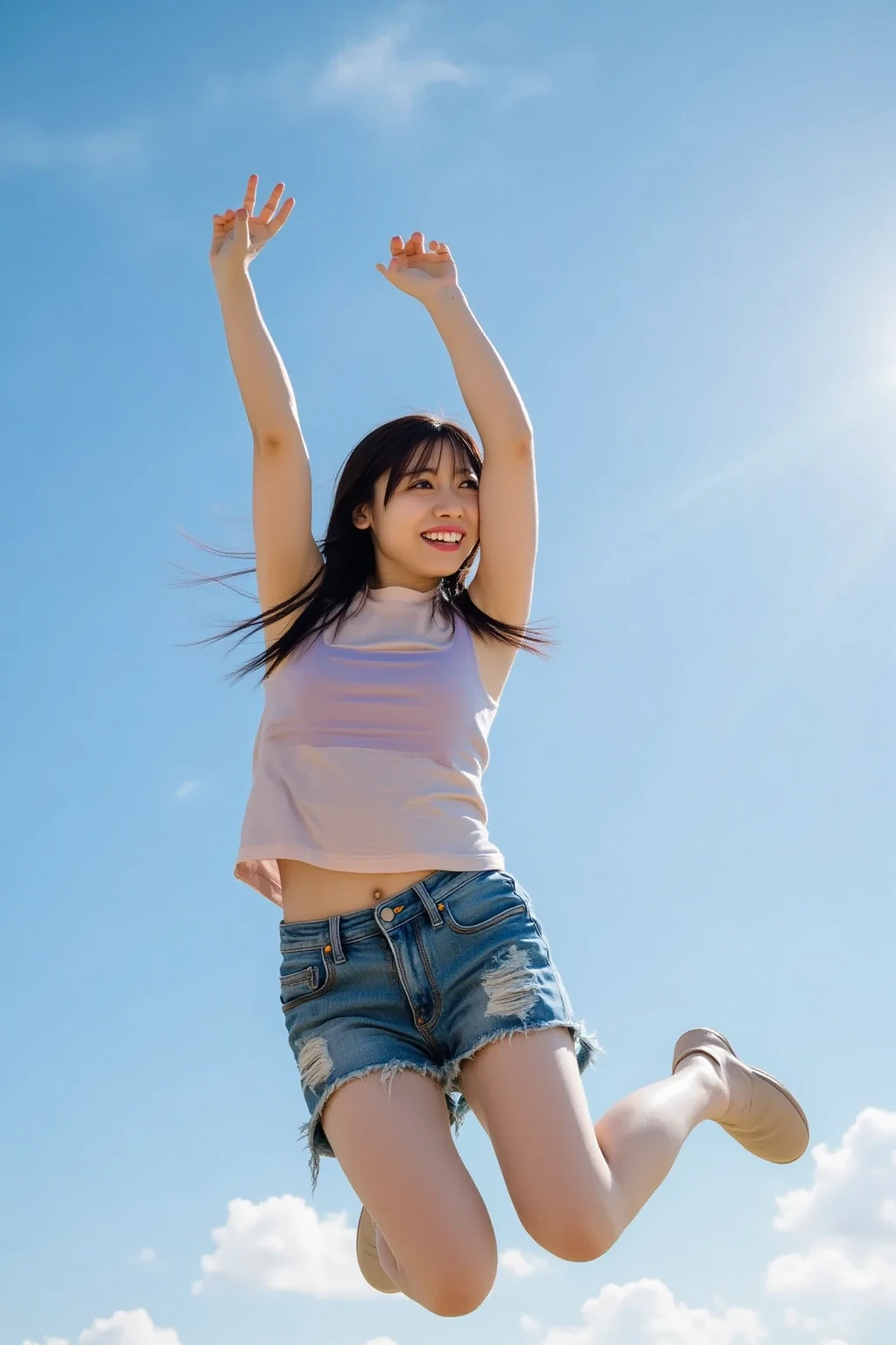 jump big、angle from below、Hair blowing in the wind、typhoon、flip-up skirt、Skirt that flips up、female university student、highest quality、Bokeh、super strong wind、