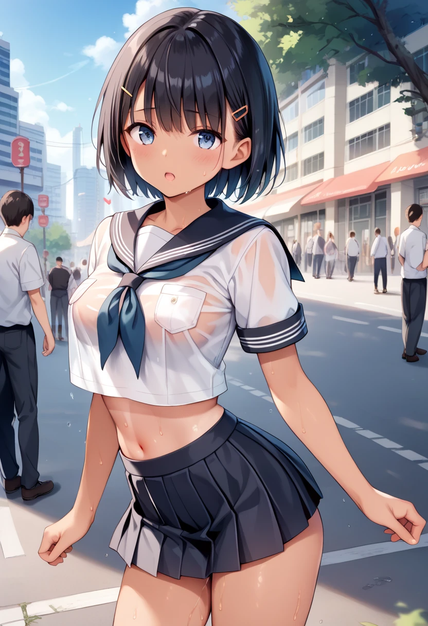 a woman in a school girl outfit with very large breasts showing her goods to a street, 1girl, breasts, solo, nipples, cum on body, cum on breasts, skirt, huge breasts, school uniform, clothes lift, cum, tongue, shirt lift, navel, serafuku, red eyes, pleated skirt, tongue out, looking at viewer, blush, black hair, bangs, shirt, short hair, white shirt, open mouth, short sleeves, blue skirt, blue sailor collar, sailor collar