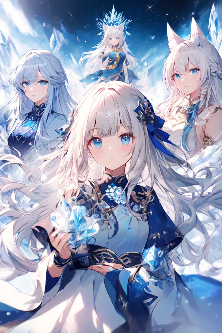 ((genshin impact screenshot, Masterpiece: 1.5, best quality, high resolution: 1.3, super resolution, super detailed, ultra detailed: 1.3, Perfect Anatomy:1.5, 1 woman) pale skin + very long straight white hair + eyes closed + white eyelashes + female figure + cyan Chinese makeup (qipao, lace coat, light accessories, delicate hairstyle, no bangs on the face) ((closed eyes, friendly smile))