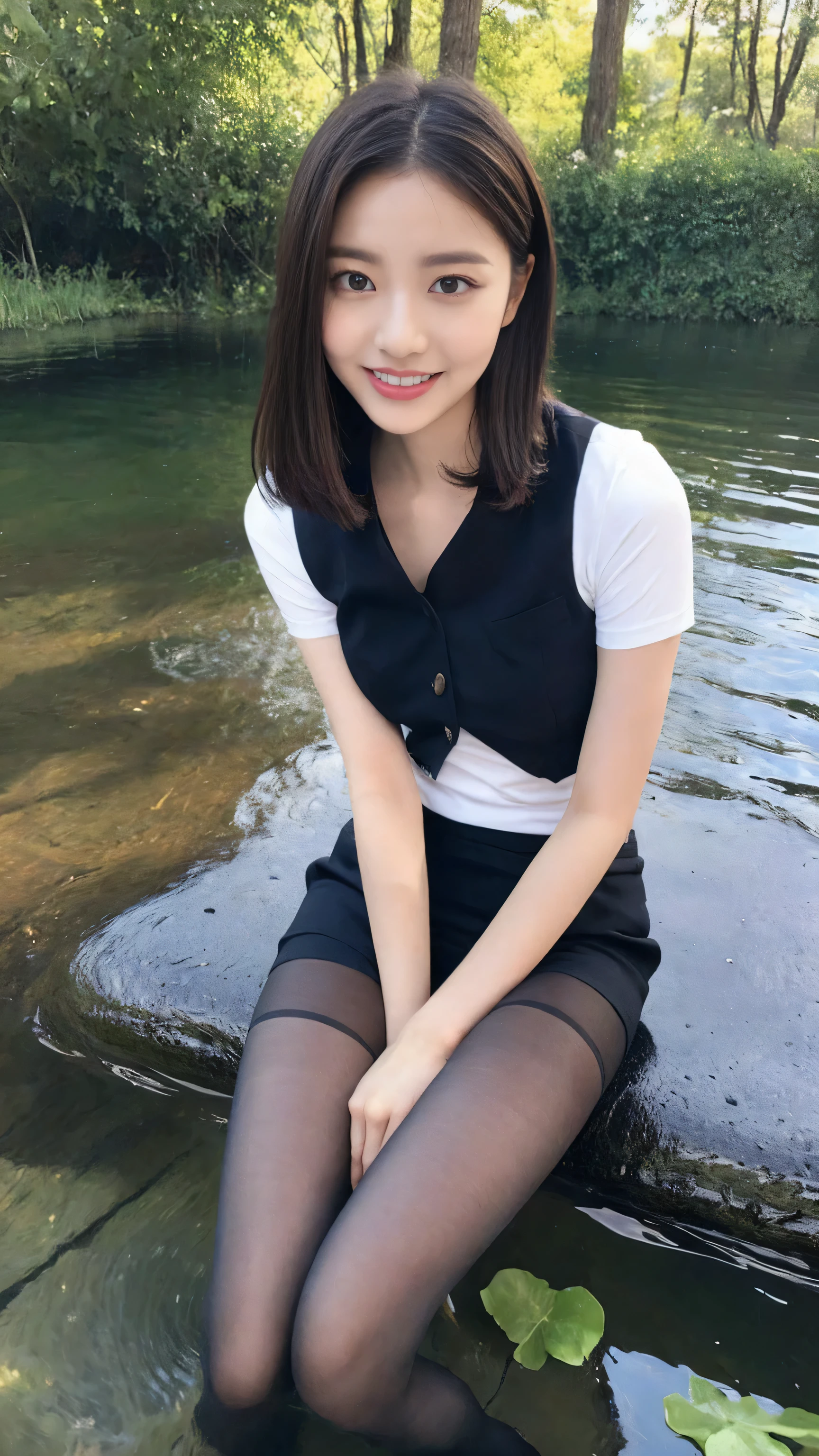 （true to life，Photorealistic 1.5）,((best qualtiy, 8K, tmasterpiece:1.3)), (二重まぶた，largeeyes:1.3),（smile1.5），（Full body photo 1.5）（One person 1.5）Clear focus 1.2, Perfect body beauty:1.4 , Delicate skin1.1，（Long brown hair 1.5），（Delicate facial features1.4），（Pure desire 1.3）(Black over-the-knee stockings 1.5)（double-ponytail，1.5），Cute white T-shirt，a black pleated skirt，Slender legs，athletic sneakers，A wooden bridge standing on the stream