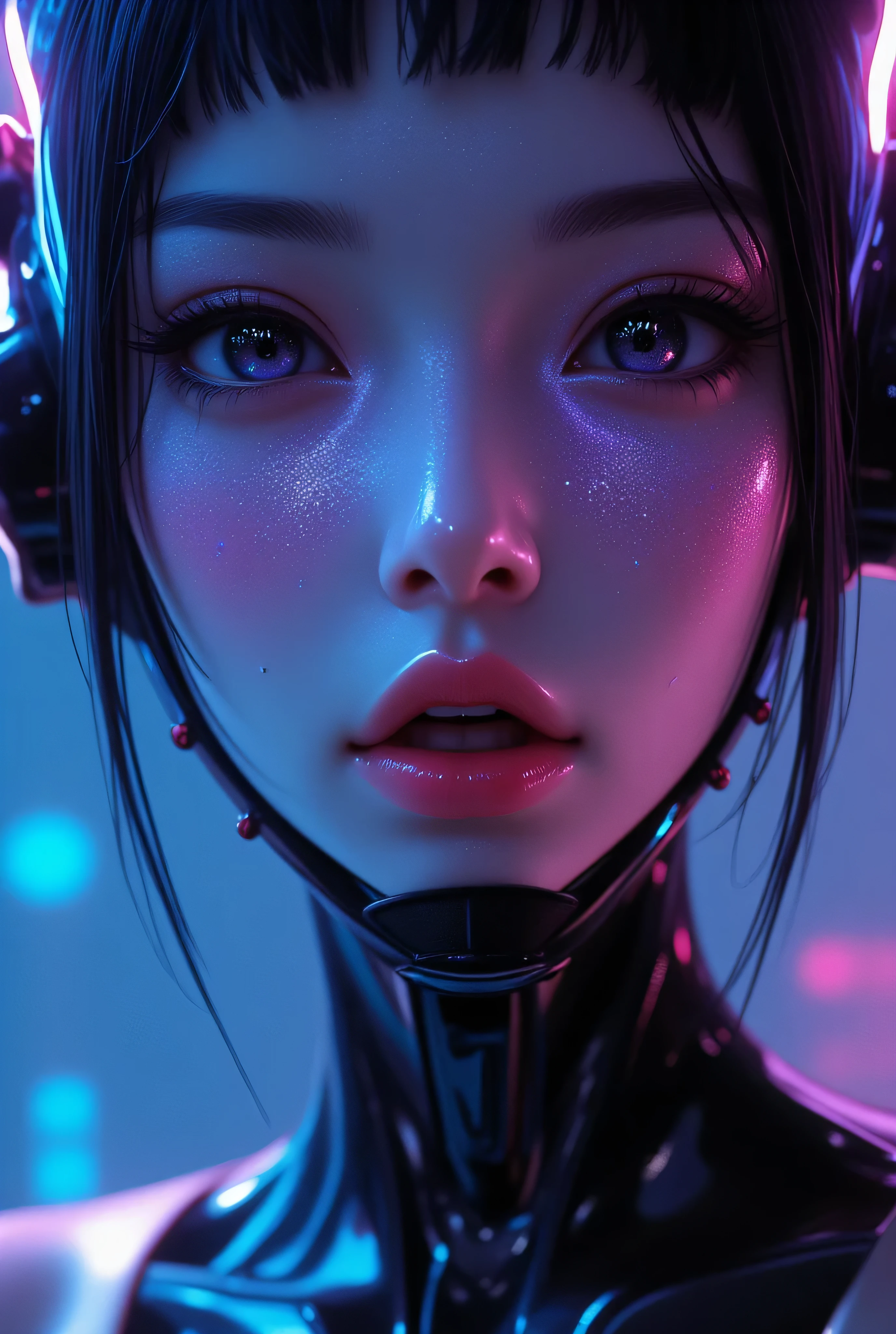 80’s glam rock makeup on shiny android face, anime, 2.5D, Glittery face, moody lighting, (purples, pinks, and blues), iridescent face, abstract ai model, pretty, sexy, minimal, sleek, slender, asian, elegant, chic, futuristic, retro, sophisticated half human half machine, close up face portrait, mouth open half, ((((ahegao)))),, half-closed eyes,