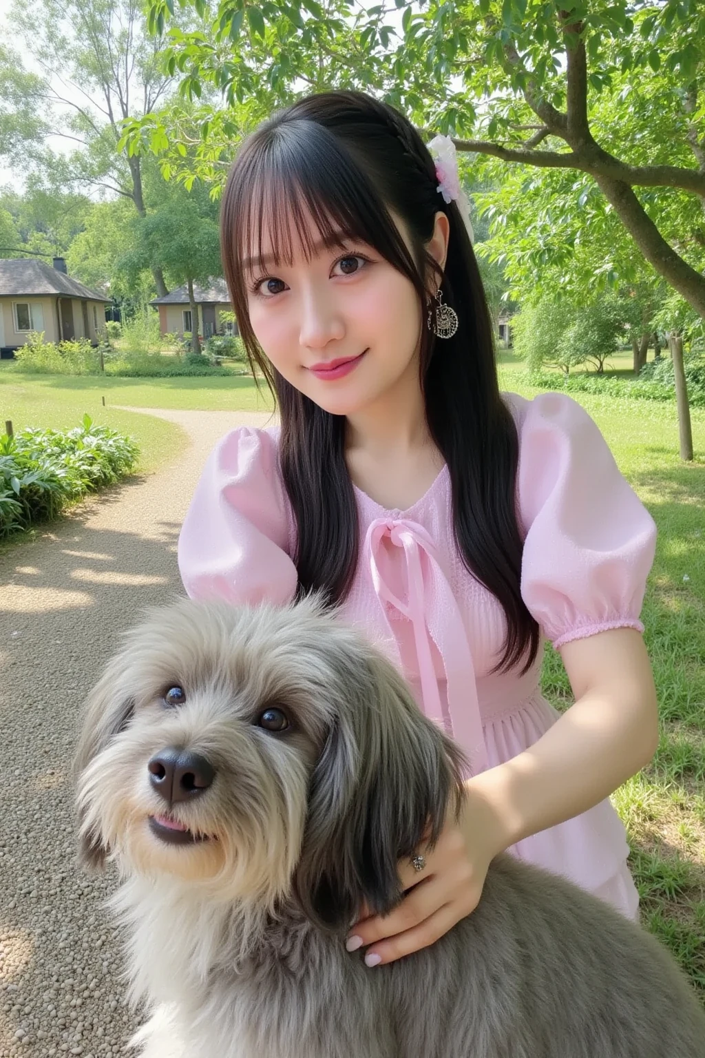 Guan Yinping, black hair, brown eyes, hair accessories, hair flower, whole body, pretty face,Lovely,high school student,blue green yellow,Slim figure,girl,short skirt,garden,walk,pet,Big dog,holding dog in hands,sitting,sit on the grass