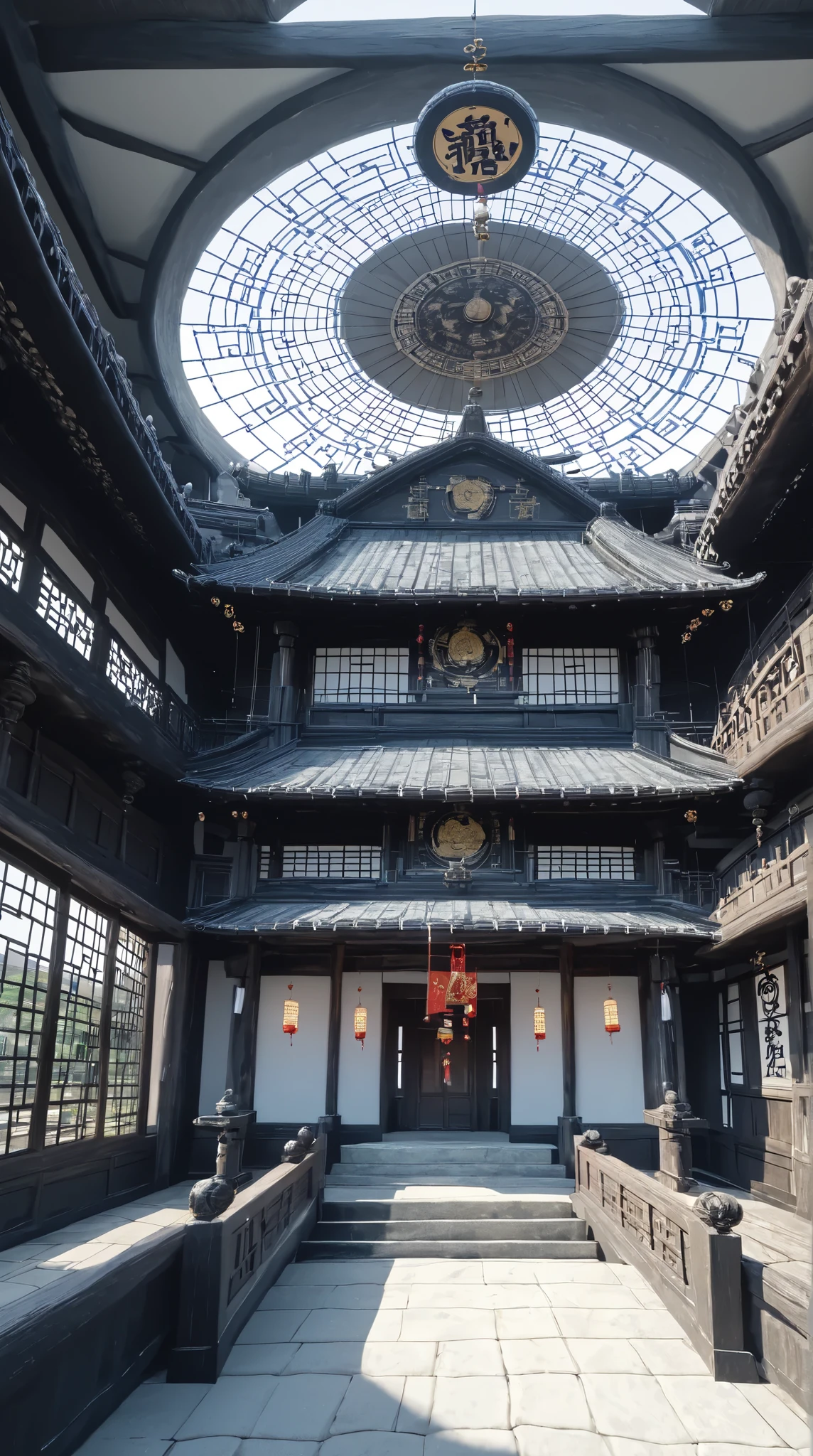 in a high-resolution image 、Panoramic Paintings 、Spectacularな画像 、 Ancient Chinese Architecture Temples 、 Exquisite Interior Decorations 、 depth of field effects 、 Imaginative 、 fantasy 、 High End Color Matching 、 Spectacular Scenery of Ancient Chinese Architecture 、 Spectacular 、 four corners 、 16k、Big Komainu 。