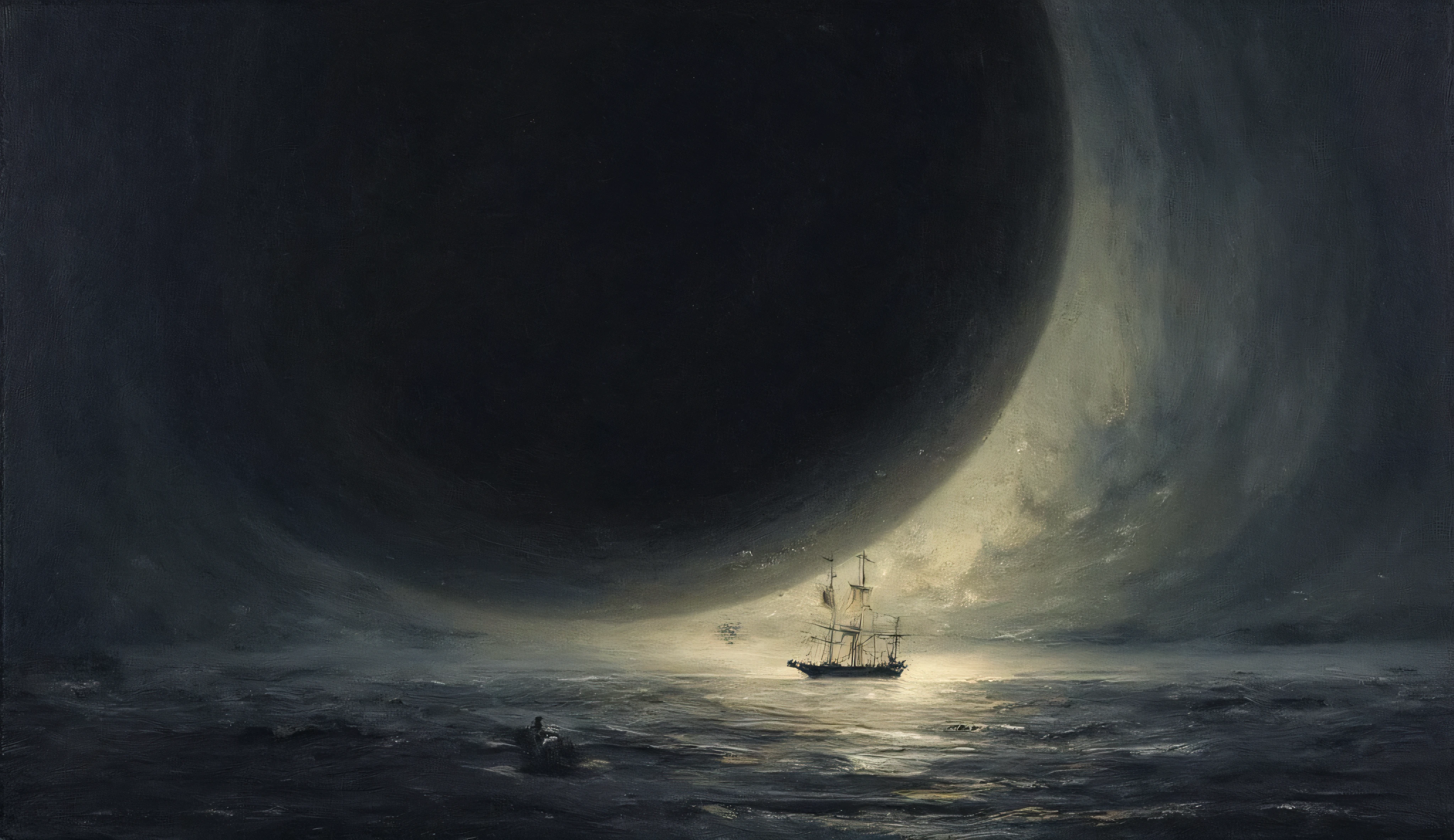 impressionist beautiful painting of a tiny boat (ship) sailing through a massive dark rough ocean made of a blackhole, far away people can be seen trying to man the ship, messy visible brushstrokes, heavy paint style, very detailed, handpainted,large paint strokes you can see