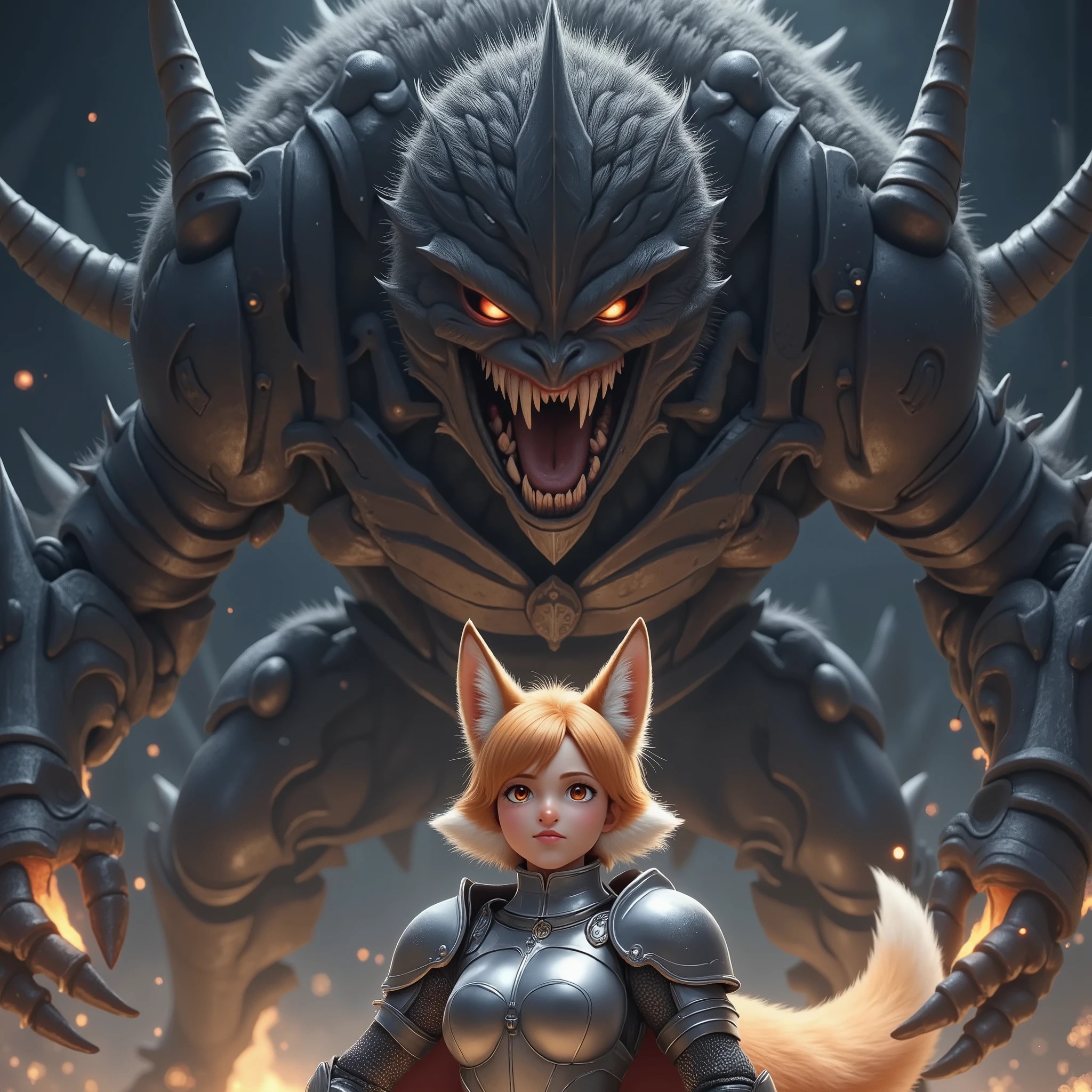A gorgeous anime fox girl, clad in shining silver knight's armor, stands defiant against a monstrous, shadowy beast. Her orange and white fur peeks out from beneath her helmet, framing her determined face. The beast lunges, claws extended, but the fox girl deftly raises her shield, Sparks fly as metal meets claw. With a graceful flourish, she draws her sword, its blade gleaming in the dim light. Describe the scene in vivid detail, focusing on the contrast between the fox girl's delicate features and the powerful armor she wears. Capture the intensity of the battle, the clash of steel against shadow, and the fierce determination in the fox girl's eyes.
