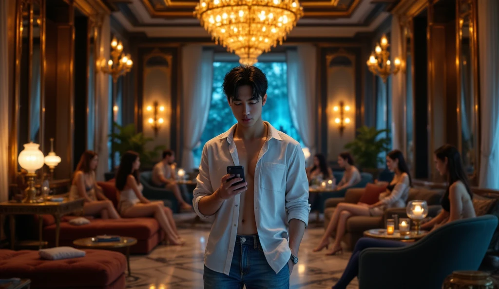 a handsome tanned japanese man, wearing light blue cotton plaid pajamas, seen standing near glass window in his apartment on 23th floor, looking at his black smarphone and fixing hair, particles and nice lighting, UHD, HDR, 8k, Masterpiece