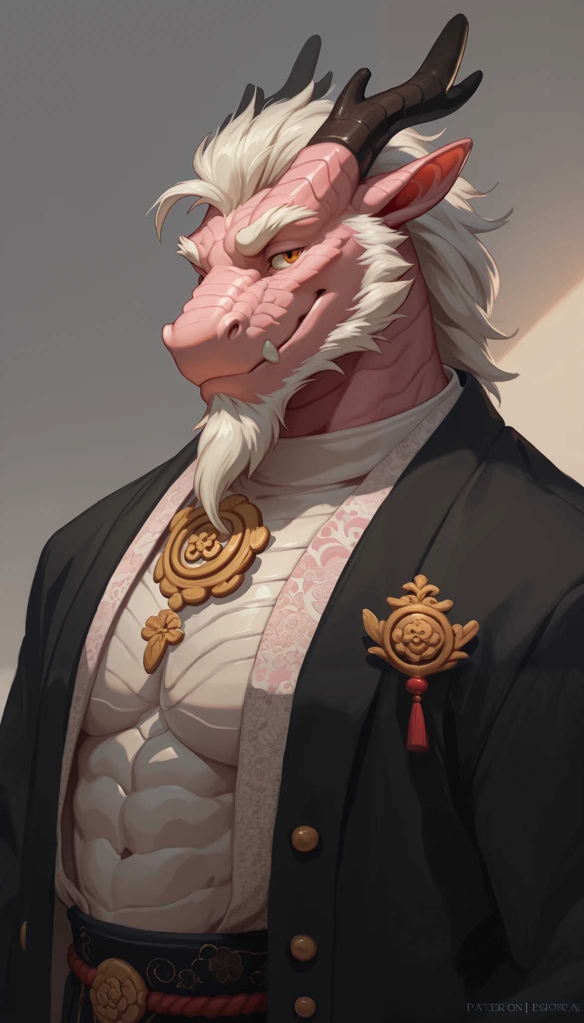 alone, male, Oriental Dragon, Pink scaly, anthropomorphic Oriental Dragon , adult, muscle, white hair , The only white bearded, fursona reference, reference, Smile, correct anatomical structure , correct answer , detailed, fursona correct answer , for avatar , Avatar profile , art for materials, White eyebrows
