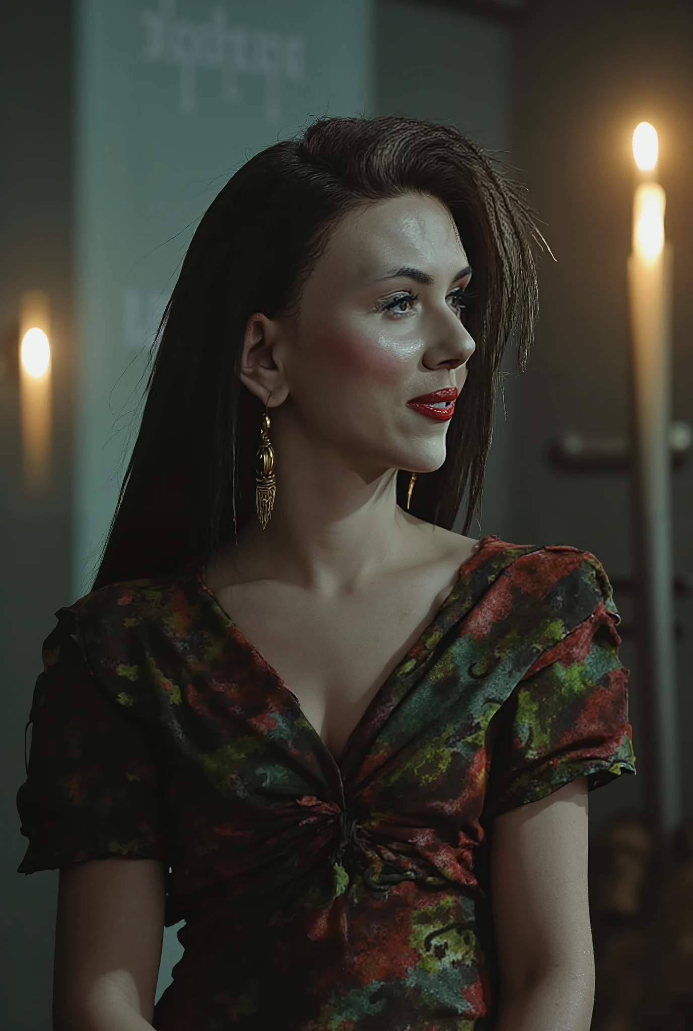 A pale and beautiful vampire woman stalks a mother of a family in a dark and lonely house.