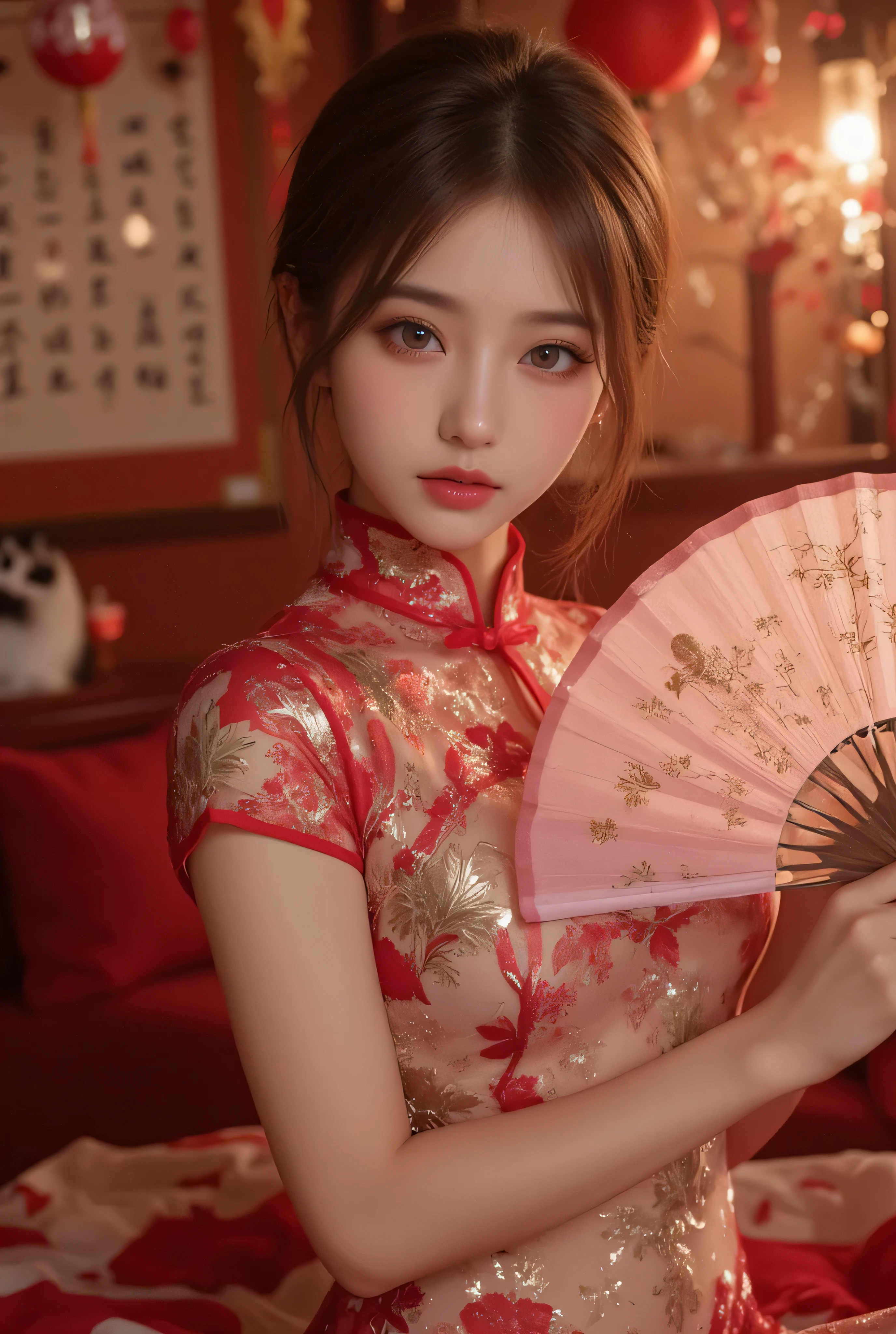 Cat ears、 face up, attractive, pretty girl, ponytail、 (( fine facial features , eroticism)), dramatic lighting , realistic , 8k, Dramatic Shadows , intricate and elaborate patterns , super detailed photo , chiaroscuro lighting , Pleasant colors , deep contrast , super real 、 pink lipstick、 warm room、Vintage Fireplace 、 cinematic composition、Close-up of face, pretty half part transparent open shoulder loose outfits dress, tang style, A beautiful Korean idol wearing a one piece red- black tightly cheongsam with phoenix and intricate floral golden embroidery, golden and silver outline on dress, hand hold pink feathers transparent Chinese fan with golden ink painting of bird and tree , standing gracefully in a room filled with traditional Chinese New Year decorations. The room features vibrant red lanterns, decorative calligraphy scrolls, a small Chinese orange tree with golden ornaments, and several red envelopes scattered across the floor and hanging from the tree. Adorable, playful cats are part of the scene—some sitting near the tree, others curiously pawing at the red envelopes or lounging around. Through a window or an open door in the background, vibrant Chinese fireworks light up the night sky in an array of reds, golds, and blues, casting a magical glow into the room. The idol’s outfit is paired with subtle accessories like red hairpins or earrings, complementing the festive look. The atmosphere is warm and lively, filled with the joyful essence of the celebration, enhanced by the shimmering lights of the fireworks and the lively decor.