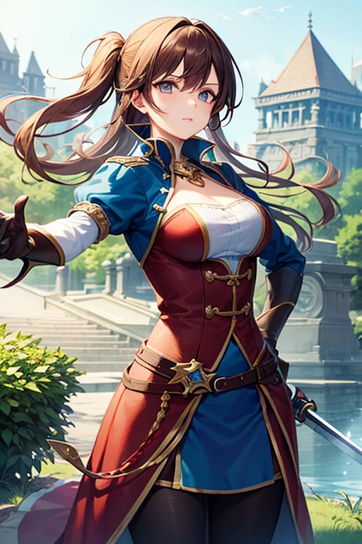 1girl, solo, village, trees, brown hair, long hair, curly hair, ponytail, large breasts, ninja, blue eyes, katana, grin, looking at the viewer, standng, hair ribbon