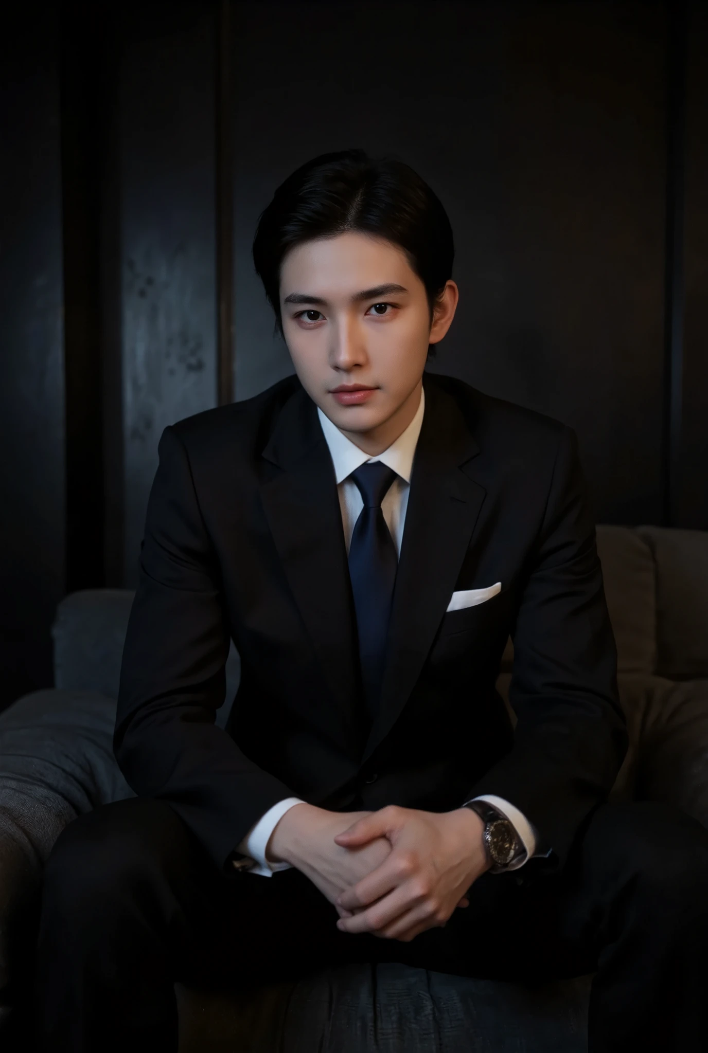 Handsome man, sit in the couch, black blazer with navy tie, middle classic side hair. Dark, mystery and black background