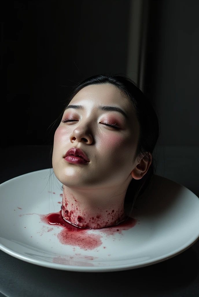 decapitated female head on a plate, covered in flesh, , beautiful young girl, ((eyes closed)), served like a food dish, bloody, photorealistic, 4K, Nikon, horror