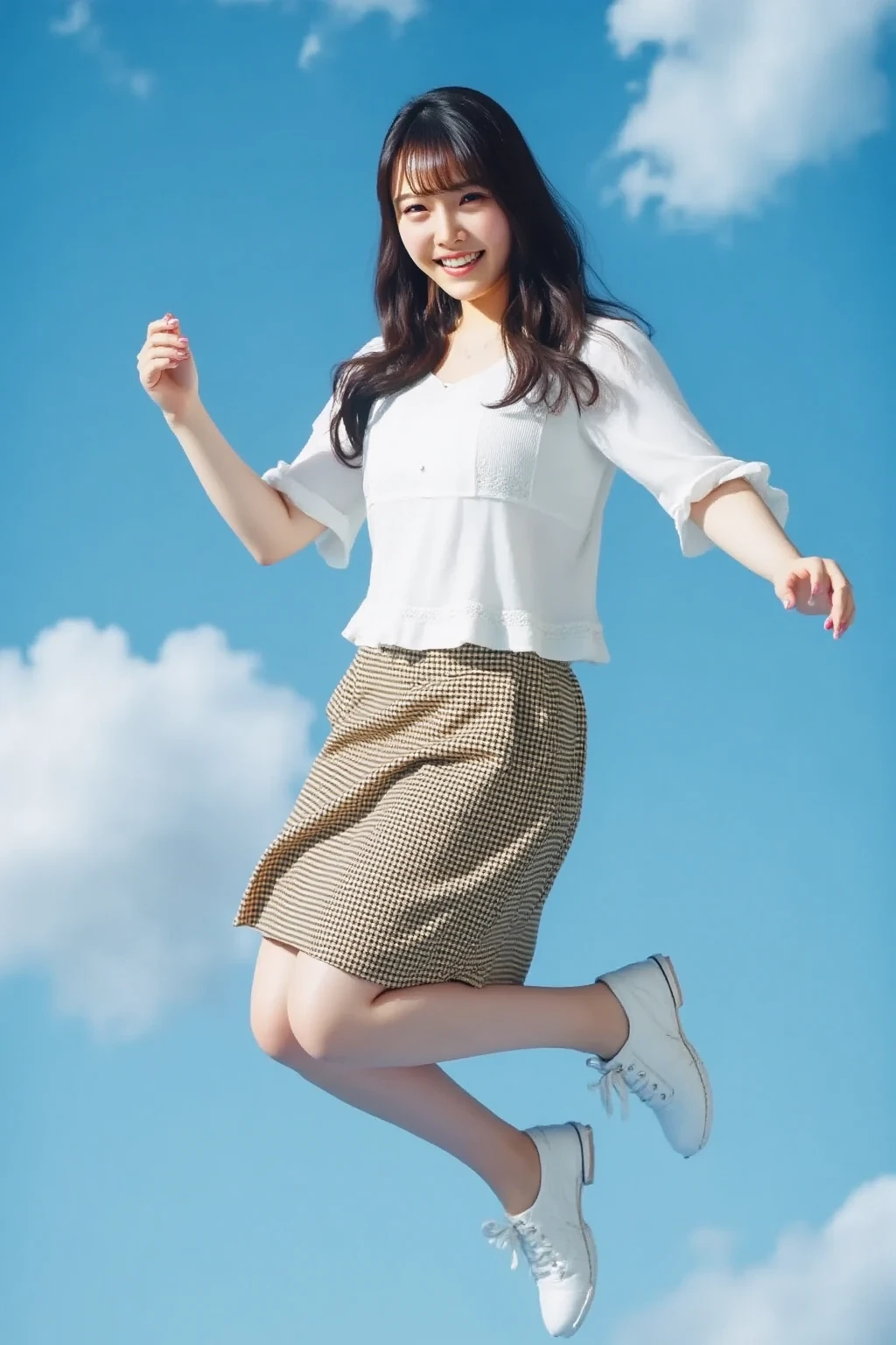 (RAW Photos:1.2), (Realistic:1.4),Beautiful detailed woman,非常にfine grainと顔, fine grain, Very detailed,High resolution, Very detailed,Highest quality,Unified,8k wallpaper,masterpiece,Highest quality,1 female,alone,rich,Whole Body Ezbian,（A little thick:0.9),Toned figure,,Tight waist,alone,（Pink one piece suit,mini skirt,High heels）,Jewelry Necklace,Medium Long Hair,Spread your arms and legs and jump high:1.5、A kind smile,Realistic,On the Plateau