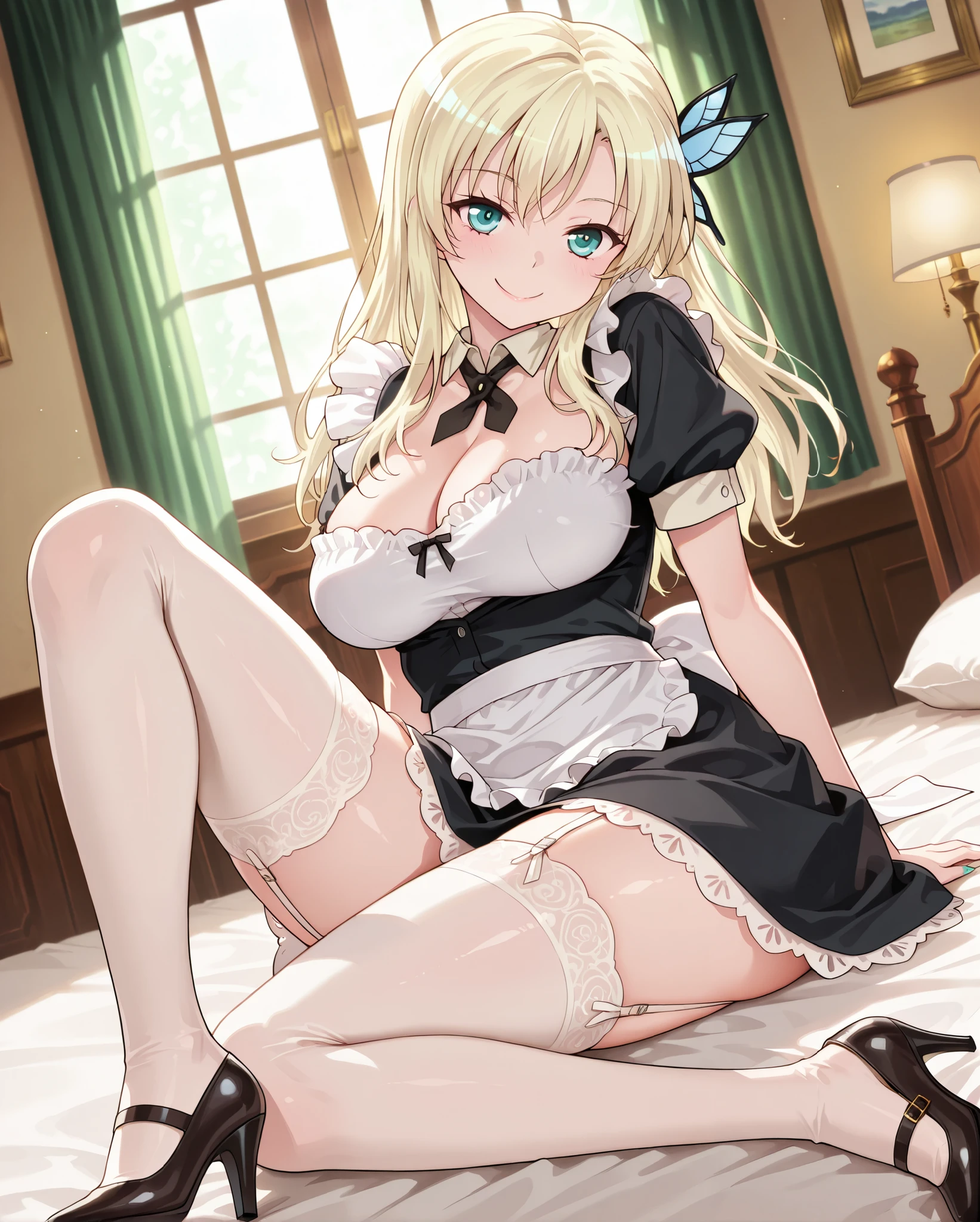 best lighting, absurdres, masterpiece, best quality, ultra-detailed illustration, absurdres high detailed face, medium breast, long blonde hair, maid costume, apron, maid apron, maid headdress, short dress, detailed blue eyes, twintail, indoors, window, shy, blush, cute,  BREAK (bare breasts:1.7), (off shoulder :1.3),(small breasts), (cum on clothes:1.3),(woman on top a man, vaginal , sex:1.5),( gangbang:1.6), (cum in pussy:1.3), on back, lying on the bed, looking at viewer,, pussy, pillow, uncensored, back arms, pov, spread legs, bangs, solo focus 