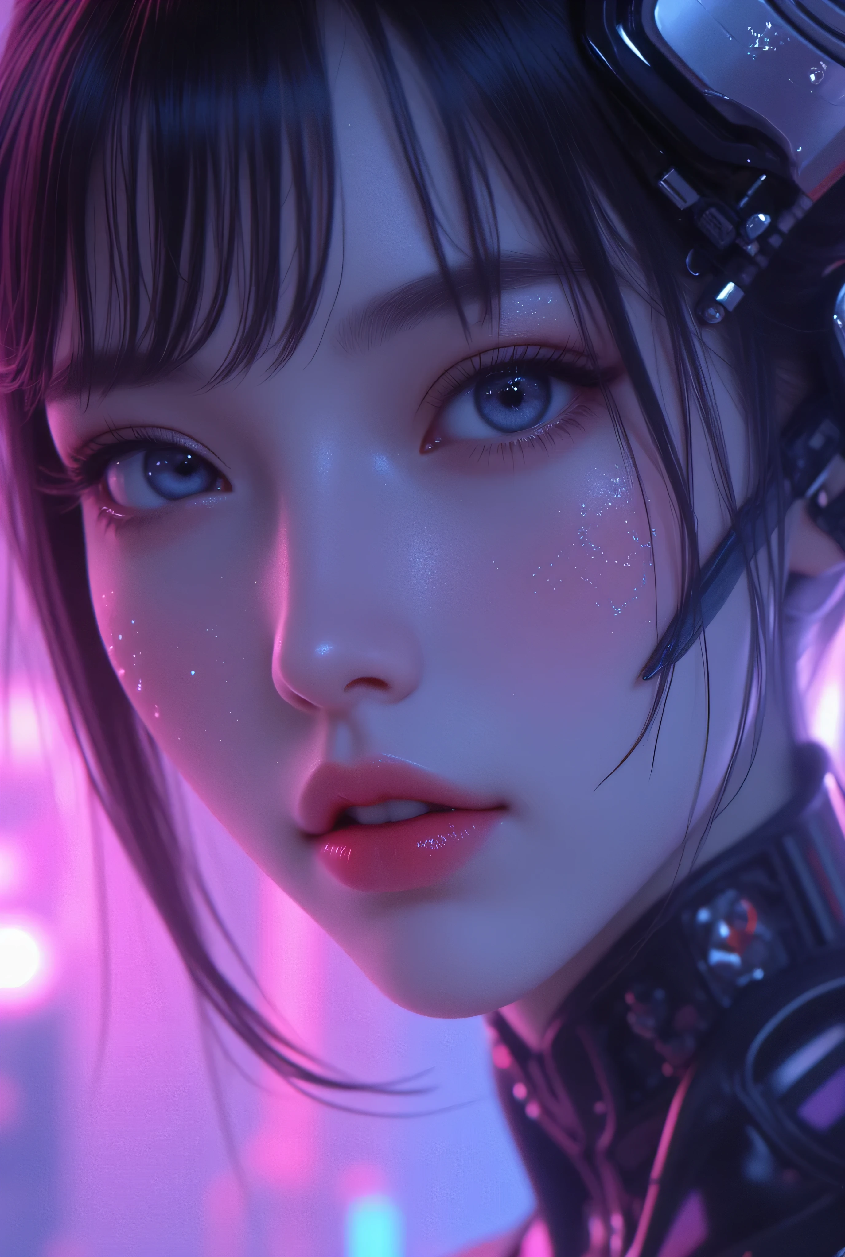 80’s glam rock makeup on shiny pretty Chinese lady android face, anime, 2.5D, Glittery face, moody lighting, (purples, pinks, and blues), iridescent face, abstract ai model, pretty, sexy, minimal, sleek, slender, asian, elegant, chic, futuristic, retro, sophisticated half human half machine, close up face portrait, mouth open wide, ((((ahegao)))), half-closed eye,