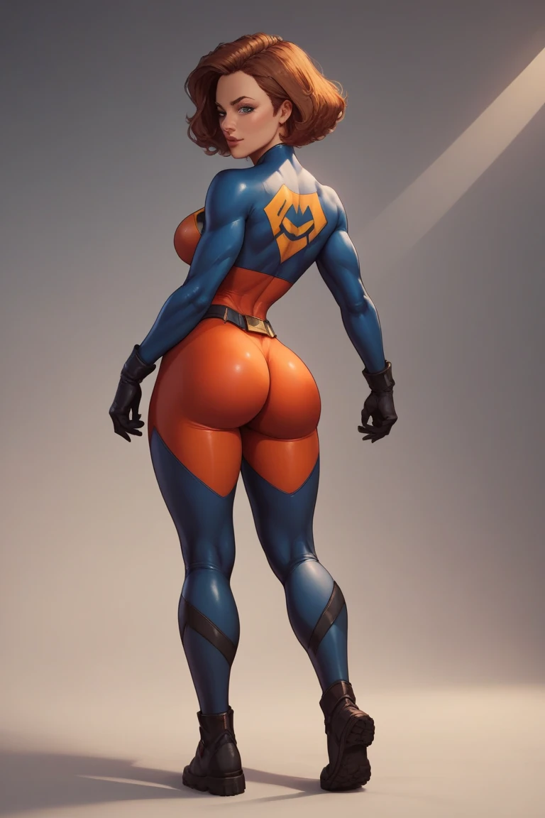 Skye from Paw Patrol, female apoo, anthro, matult, short orange hair with fringe, magenta iris, medium to big breasto big butt, muscular, tall,m, red bodysuit, red boots, hidden ears, standing, detailed, solo, beautiful, high quality, precise, clear background, front and back view, 4K