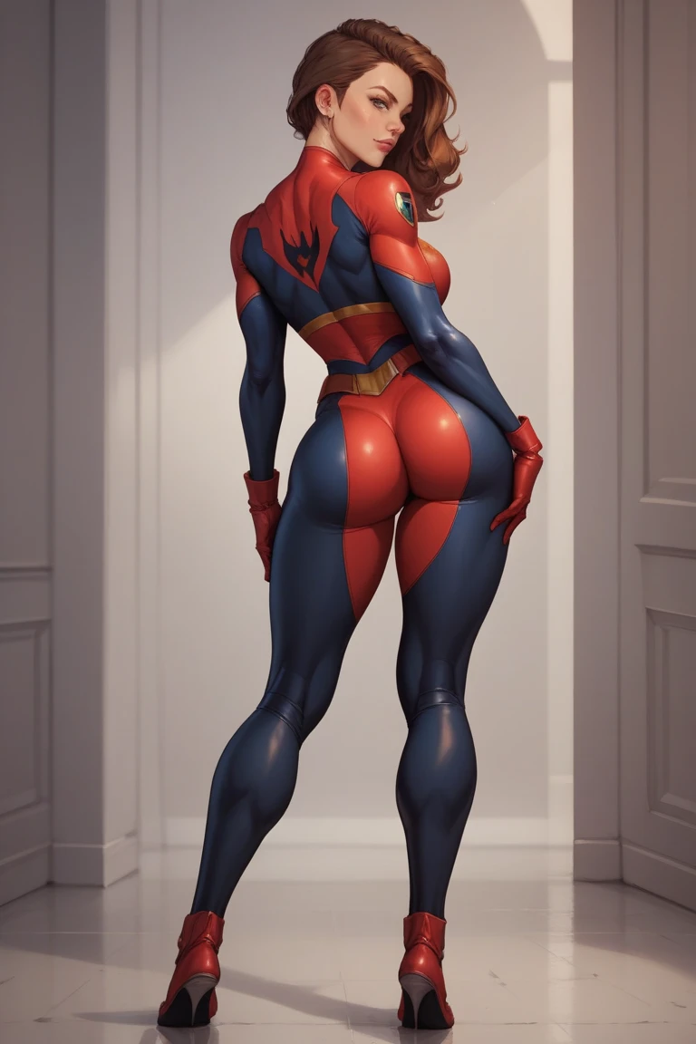 View from back below thighs Black Widow playfully squeeze one hand to her buttocks, teasingly drawing attention to the shape accentuated by her tight suit. With a mischievous grin and a twinkle in her eye, she invites admiration with her confident demeanor. Full body view