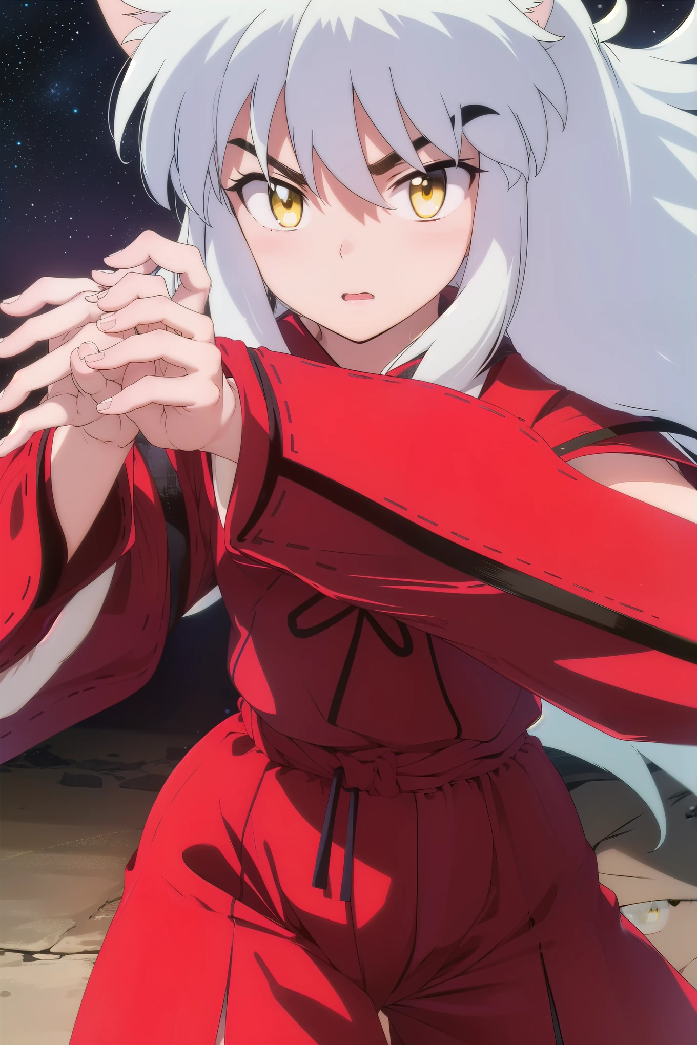 Inuyashamc, Inuyasha, long hair, animal ears, Gray Hair, emphasizes men,Dog Ears, ( yellow eyes:1.5),
break japanese clothes, similarly , red similarly ,
break outdoors,
break looking at viewer, ( was taken by a cowboy:1.5),
break ( masterpiece:1.2), best quality, high resolution, Unity 8K Wallpaper , ( Illustration of :0.8), (beautiful detailed eyes:1.6), highly detailed faces , perfect lighting during study, very detailed CG, ( Perfect Hands, perfect anatomy), starry sky