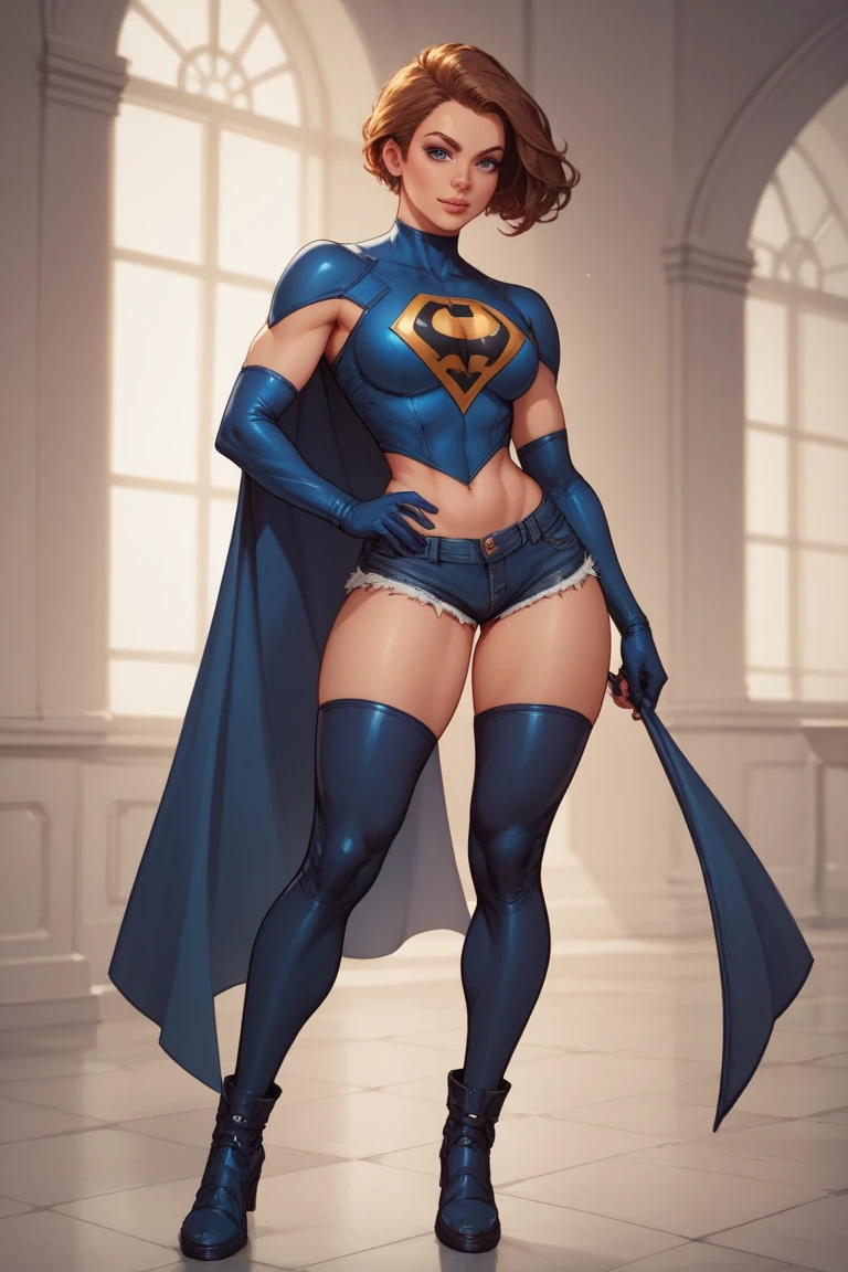 1girl, superhero, leotard, bare legs, boots, standing, solo focus, tight belt, hands on hip, full body shot, mature lady