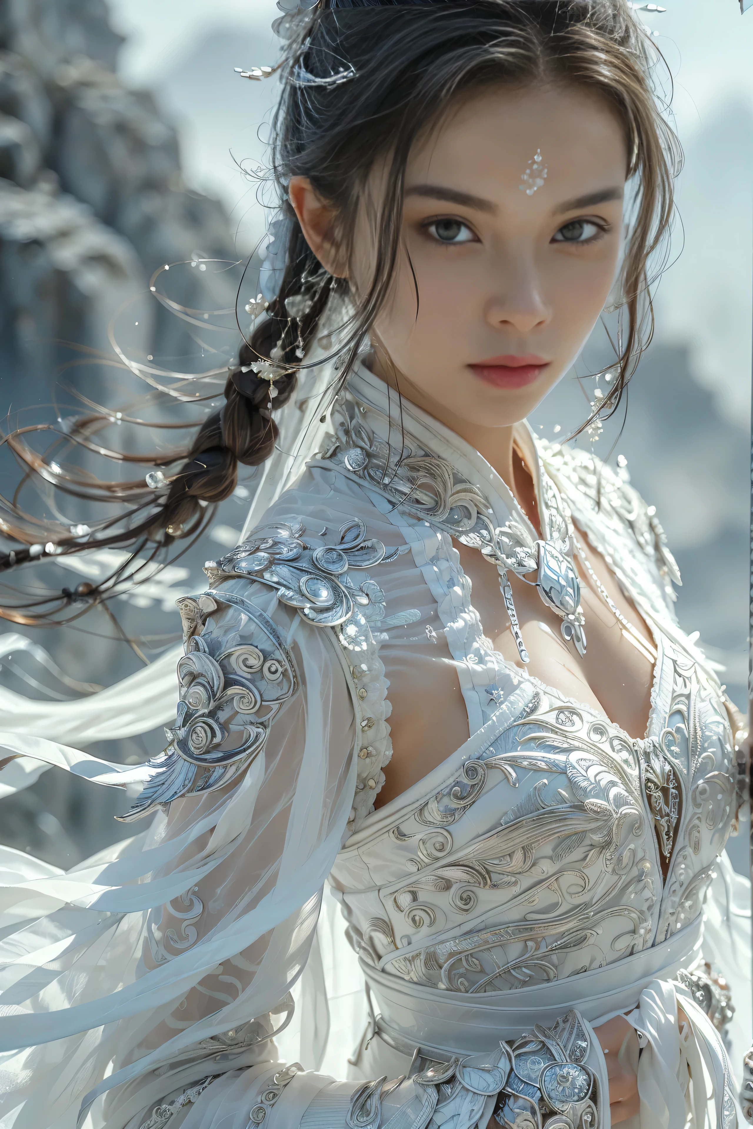 (masterpiece, RAW, 32K, UHD, hyper realistic, best quality), swordswoman,1girl (Beautiful face, supermodel) ,seductive smile, black hair ,blue sky, blurry, brown eyes ,closed mouth ,cloud ,day ,eyelashes ,grey eyes, holding sword, lips ,long hair, looking at viewer, mountain, snow ,solo ,sword ,water, weapon, wind ,winter, sword ,Hanfu, Masterpiece,Game art,The best picture quality,Highest resolution,8K,(Portrait),Unreal Engine 5 rendering works,(Digital Photography),((Portrait Feature:1.5)), 20 year old girl,Short hair details,With long bangs,(The red eye makeup is very meticulous),(With long gray hair:1.4),(Large, full breasts),Elegant and noble,Brave and charming, (Future armor combined with the characteristics of ancient Chinese armor,Hollow design,Power Armor,The mysterious Eastern runes,A delicate dress pattern,A flash of magic),Warrior of the future,Cyberpunk figures,Background of war, Movie lights，Ray tracing，Game CG，((3D Unreal Engine))，OC rendering reflection pattern