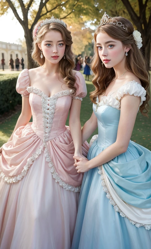 Highest quality, masterpiece, Highest Resolution, artwork,((early teenage)), Wearing a tiara,Both are princesses,Full-length ball gown dress with hoop skirt,Frilled yoke collar,Ribbon woven into the chest,Puff sleeves,Long sleeve,((Hot detailed princess satin dress in a stylish、Lots of frills and ribbons)Colorful Fashion,Glossy silk satin dress,Soft and smooth silk satin fabric,luxury,Long blonde hair,blue eyes,White skin European,(Inside the palace)),Princesses dancing happily,Gorgeous flowing dress,Fine white ruffles and lace,