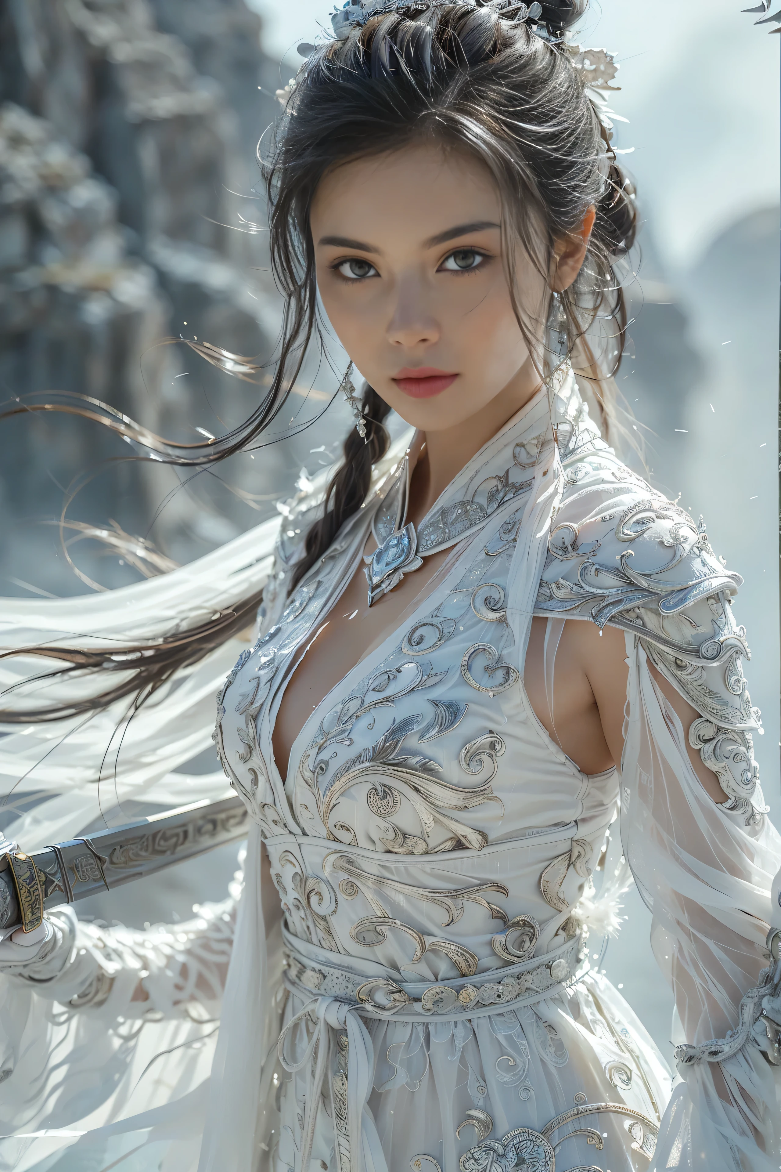 (masterpiece, RAW, 32K, UHD, hyper realistic, best quality), swordswoman,1girl (Beautiful face, supermodel) ,seductive smile, black hair ,blue sky, blurry, brown eyes ,closed mouth ,cloud ,day ,eyelashes ,grey eyes, holding sword, lips ,long hair, looking at viewer, mountain, snow ,solo ,sword ,water, weapon, wind ,winter, sword ,Hanfu, Masterpiece,Game art,The best picture quality,Highest resolution,8K,(Portrait),Unreal Engine 5 rendering works,(Digital Photography),((Portrait Feature:1.5)), 20 year old girl,Short hair details,With long bangs,(The red eye makeup is very meticulous),(With long gray hair:1.4),(Large, full breasts),Elegant and noble,Brave and charming, (Future armor combined with the characteristics of ancient Chinese armor,Hollow design,Power Armor,The mysterious Eastern runes,A delicate dress pattern,A flash of magic),Warrior of the future,Cyberpunk figures,Background of war, Movie lights，Ray tracing，Game CG，((3D Unreal Engine))，OC rendering reflection pattern