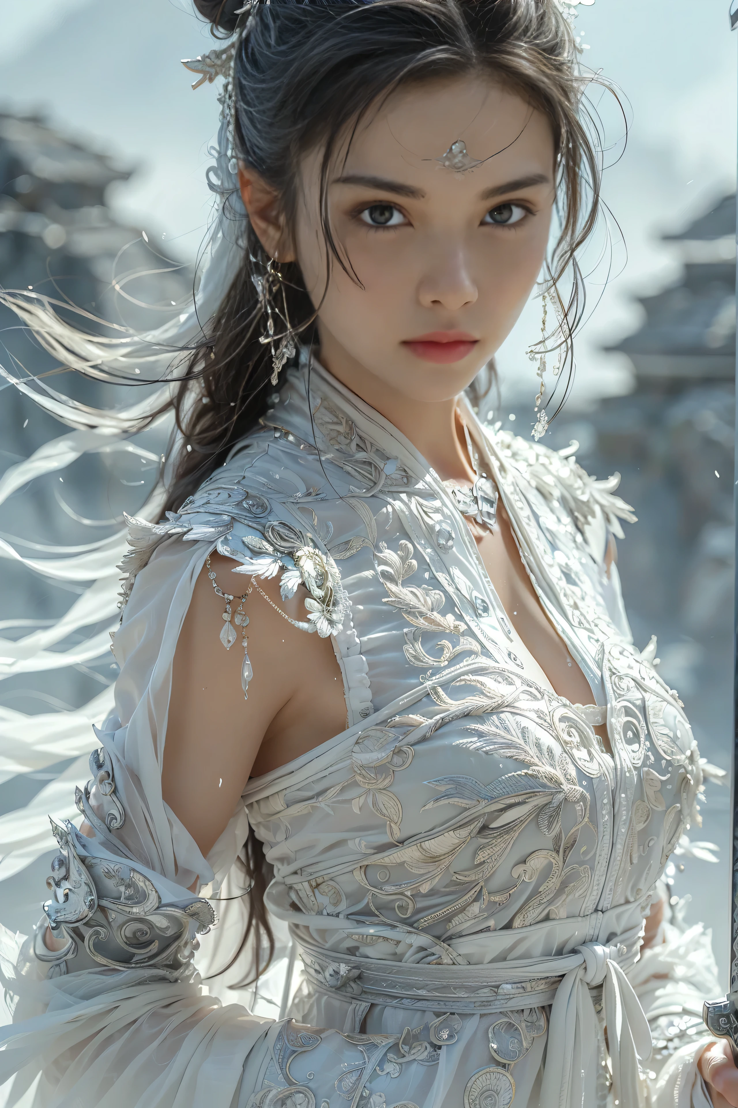 (masterpiece, RAW, 32K, UHD, hyper realistic, best quality), swordswoman,1girl (Beautiful face, supermodel) ,seductive smile, black hair ,blue sky, blurry, brown eyes ,closed mouth ,cloud ,day ,eyelashes ,grey eyes, holding sword, lips ,long hair, looking at viewer, mountain, snow ,solo ,sword ,water, weapon, wind ,winter, sword ,Hanfu, Masterpiece,Game art,The best picture quality,Highest resolution,8K,(Portrait),Unreal Engine 5 rendering works,(Digital Photography),((Portrait Feature:1.5)), 20 year old girl,Short hair details,With long bangs,(The red eye makeup is very meticulous),(With long gray hair:1.4),(Large, full breasts),Elegant and noble,Brave and charming, (Future armor combined with the characteristics of ancient Chinese armor,Hollow design,Power Armor,The mysterious Eastern runes,A delicate dress pattern,A flash of magic),Warrior of the future,Cyberpunk figures,Background of war, Movie lights，Ray tracing，Game CG，((3D Unreal Engine))，OC rendering reflection pattern