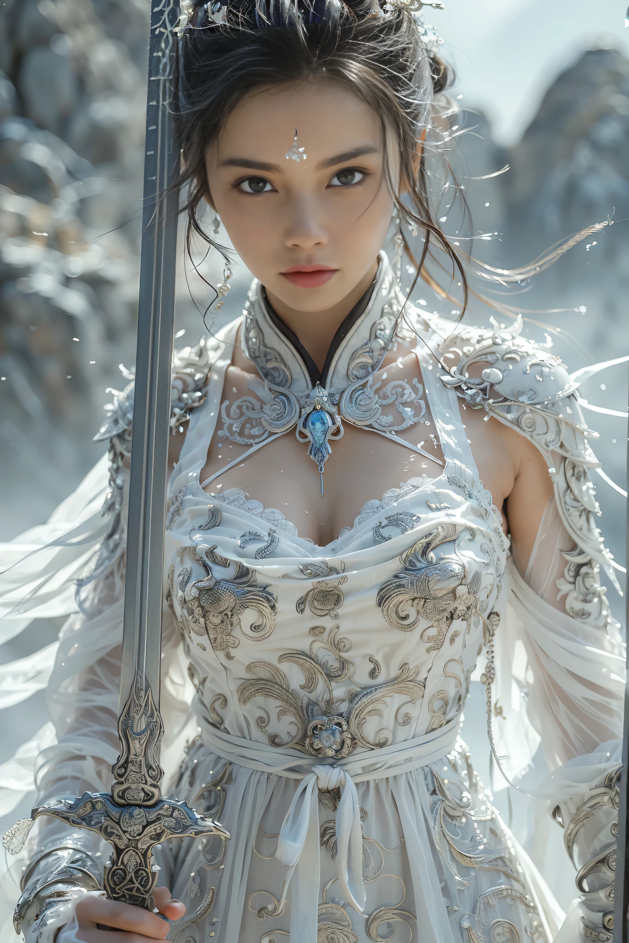 (masterpiece, RAW, 32K, UHD, hyper realistic, best quality), swordswoman,1girl (Beautiful face, supermodel) ,seductive smile, black hair ,blue sky, blurry, brown eyes ,closed mouth ,cloud ,day ,eyelashes ,grey eyes, holding sword, lips ,long hair, looking at viewer, mountain, snow ,solo ,sword ,water, weapon, wind ,winter, sword ,Hanfu, Masterpiece,Game art,The best picture quality,Highest resolution,8K,(Portrait),Unreal Engine 5 rendering works,(Digital Photography),((Portrait Feature:1.5)), 20 year old girl,Short hair details,With long bangs,(The red eye makeup is very meticulous),(With long gray hair:1.4),(Large, full breasts),Elegant and noble,Brave and charming, (Future armor combined with the characteristics of ancient Chinese armor,Hollow design,Power Armor,The mysterious Eastern runes,A delicate dress pattern,A flash of magic),Warrior of the future,Cyberpunk figures,Background of war, Movie lights,Ray tracing,Game CG,((3D Unreal Engine)),OC rendering reflection pattern