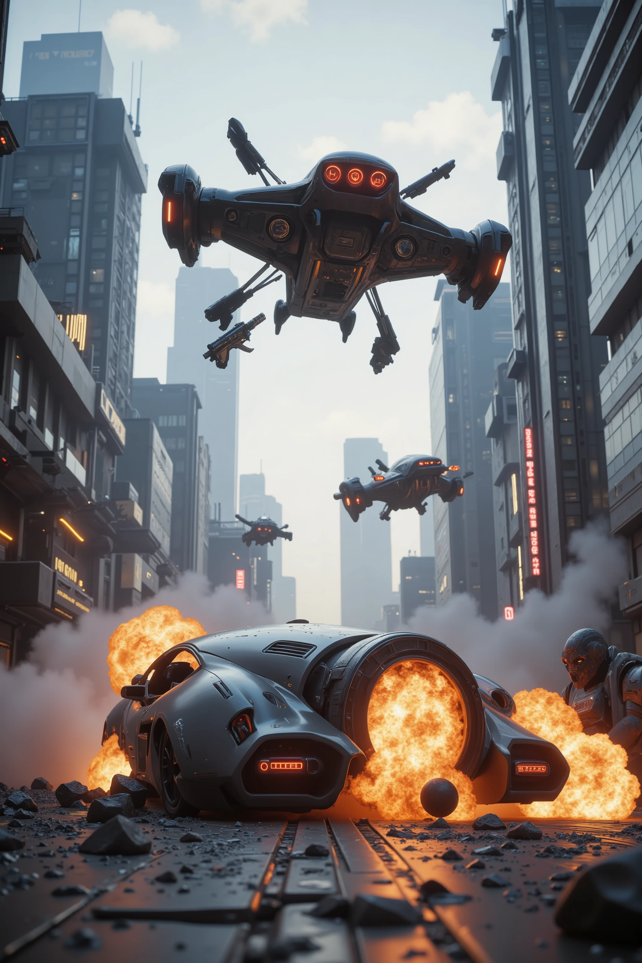 (best quality,4k,8k,highres,masterpiece:1.2), ultra-detailed. Two hovering vehicles can be seen in the broad daylight. <lora:hk-m223c,mad-srgns,rifle: Suddenly, one of the vehicles opens fire on the other with a futuristic cyberpunk automatic weapon. The blasted vehicle goes down in smoke, crashes and blows up down on the street. The shooting vehicle watches from above, then they slowly and calmly, move on. Ultra realistic, realism, cinematic photography, cinematic lighting, cinematic portrait, portrait photography, cinematography, full focus, UHDR, visually disorienting, portrait photography, surrealism, etheral, cyberpunk cityscape, futurism, highest quality, masterpiece.