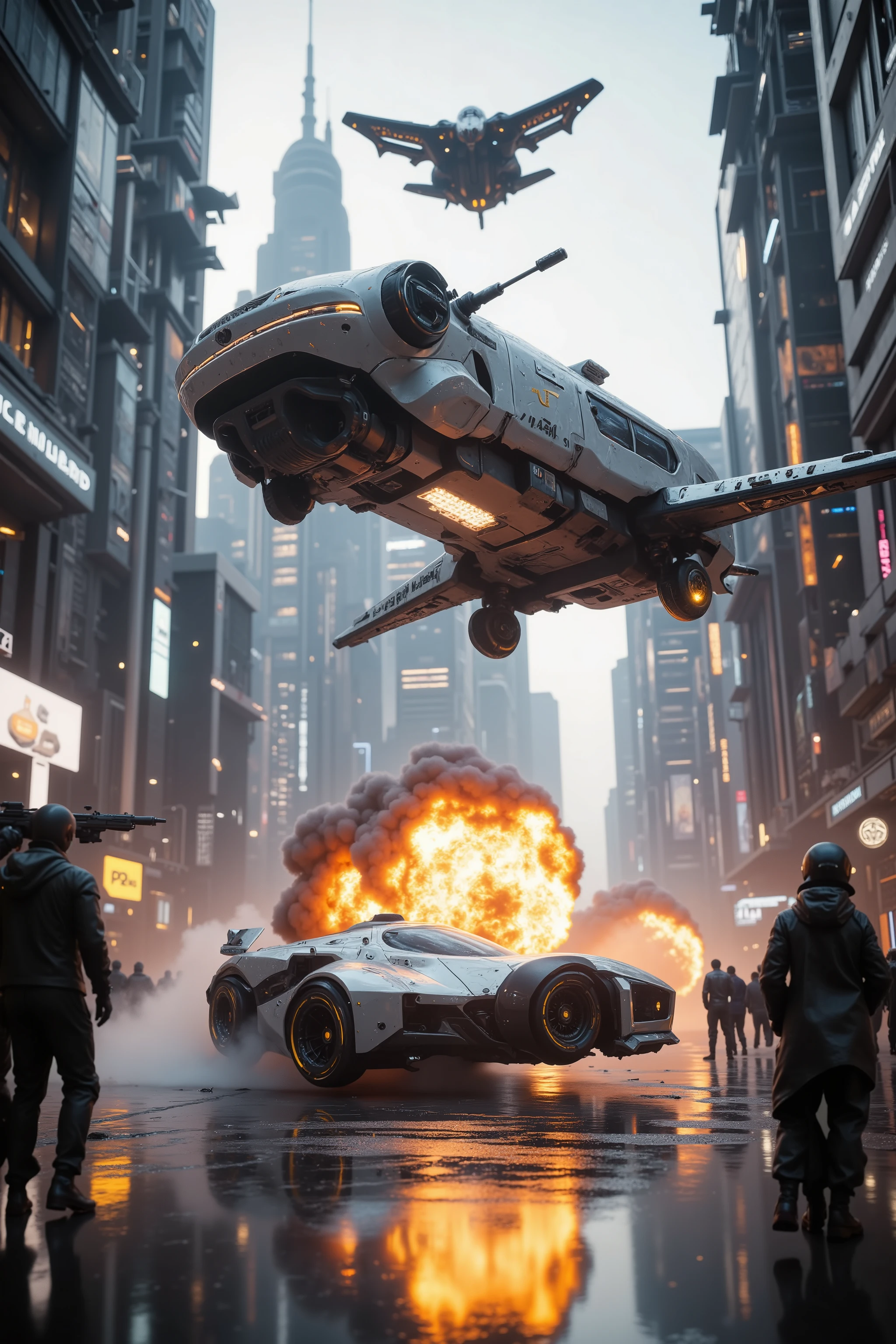 (best quality,4k,8k,highres,masterpiece:1.2), ultra-detailed. Two hovering vehicles can be seen in the broad daylight. <lora:hk-m223c,mad-srgns,rifle: Suddenly, one of the vehicles opens fire on the other with a futuristic cyberpunk automatic weapon. The blasted vehicle goes down in smoke, crashes and blows up down on the street. The shooting vehicle watches from above, then they slowly and calmly, move on. Ultra realistic, realism, cinematic photography, cinematic lighting, cinematic portrait, portrait photography, cinematography, full focus, UHDR, visually disorienting, portrait photography, surrealism, etheral, cyberpunk cityscape, futurism, highest quality, masterpiece.