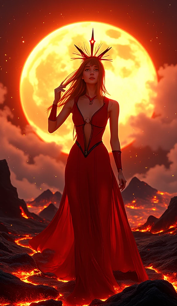 Satanic、despair、Devastation、natural disaster、middle ages、Red full moon、Woman Crying、Arms outstretched in front、A sad expression、Fluffy camisole、Fantasy、