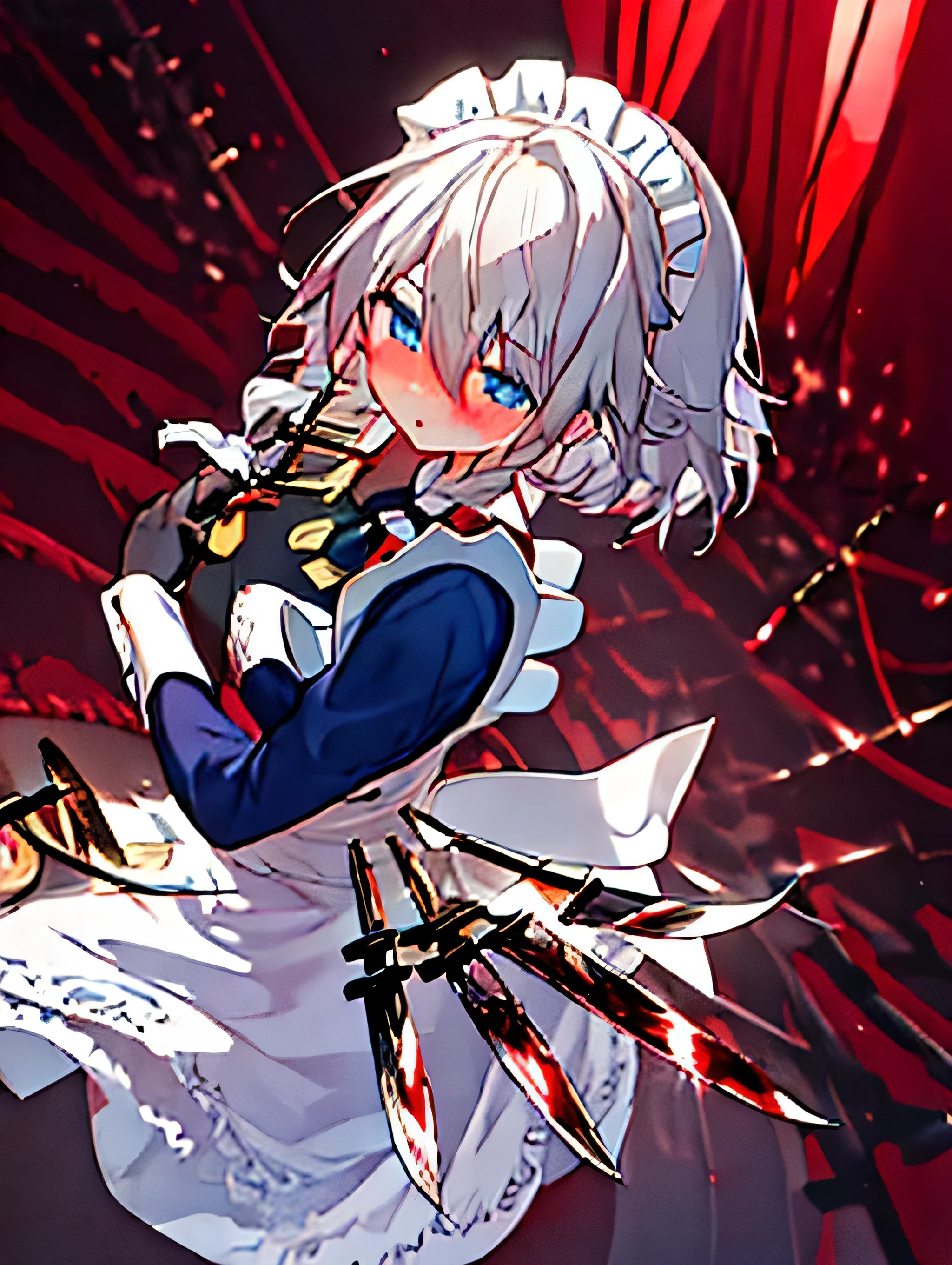 Beautiful young woman with long silver hair, detailed face, sharp blue eyes, wearing a maid outfit, holding a knife, standing in a dark room with red accents, very detailed, yandere style with blood dripping on the knife, crazy, facing forward, blushing cheeks, a little light shadow around the eyes