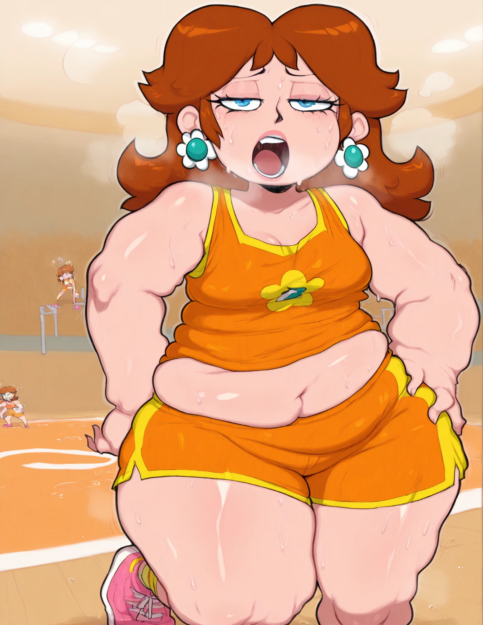 DeviantArt, 2016, 1girl, Kim Pine, red hair, huge breasts, muscular arms, chubby, belly fat, wide hips, red sling bikini, freckles on legs and breasts, sunny day, beach, perfectly drawn, no mistakes