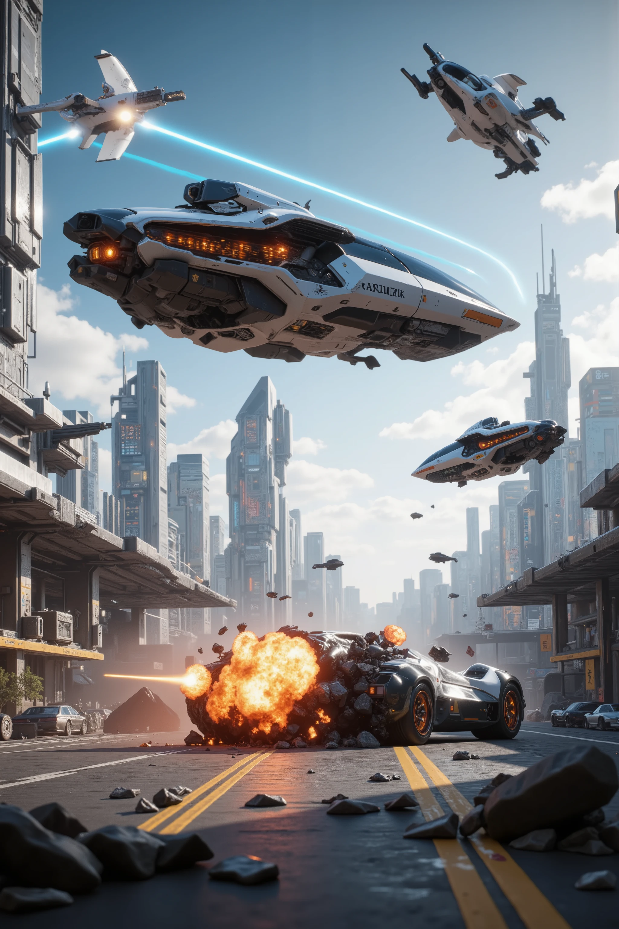 (best quality,4k,8k,highres,masterpiece:1.2), ultra-detailed. Two hovering vehicles can be seen in the broad daylight.  <lora:hk-m223c,mad-srgns,rifle: Suddenly, one of the vehicles opens fire on the other with a futuristic cyberpunk automatic weapon. The blasted vehicle goes down in smoke, crashes and blows up down on the street. The shooting vehicle watches from above, then they slowly and calmly, move on. Ultra realistic, realism, cinematic photography, cinematic lighting, cinematic portrait, portrait photography, cinematography, full focus, UHDR,  visually disorienting, portrait photography, surrealism, etheral, cyberpunk cityscape, futurism, highest quality, masterpiece.