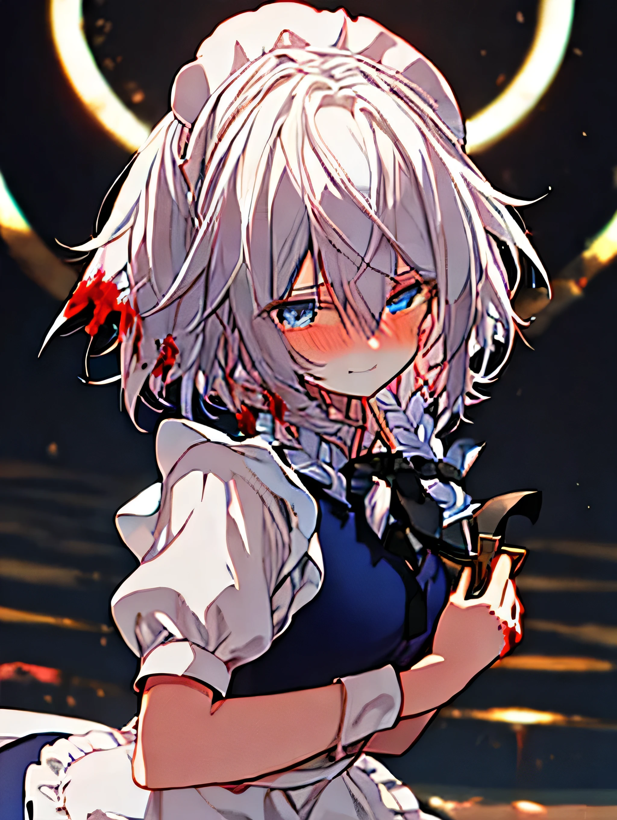 Beautiful young woman with long silver hair, detailed face, sharp blue eyes, wearing a maid outfit, holding a knife, standing in a dark room with red accents, very detailed, yandere style with blood dripping on the knife, crazy, facing forward, blushing, a little pale shadow around her eyes, a slightly unsettling smile