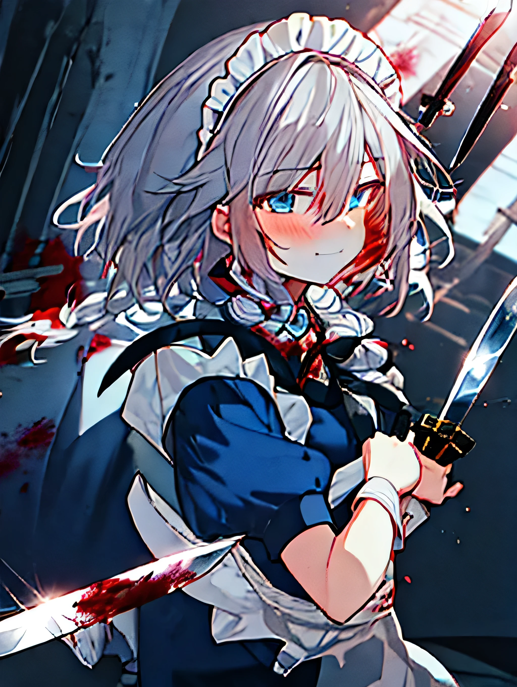 Beautiful young woman with long silver hair, detailed face, sharp blue eyes, wearing a maid outfit, holding a knife, standing in a dark room with red accents, very detailed, yandere style with blood dripping on the knife, crazy, facing forward, blushing, a little pale shadow around her eyes, a slightly unsettling smile