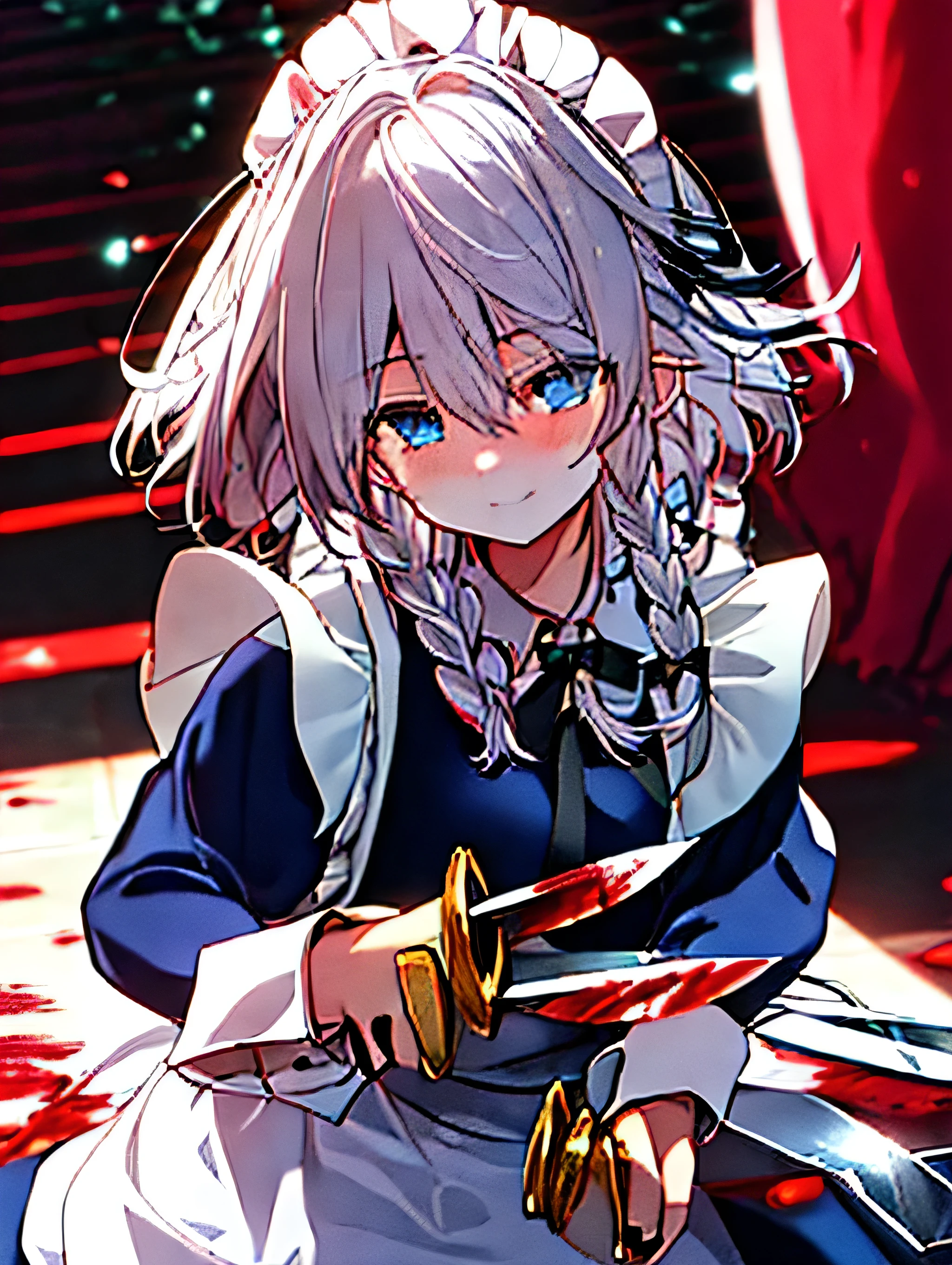 Beautiful young woman with long silver hair, detailed face, sharp blue eyes, wearing a maid outfit, holding a knife, standing in a dark room with red accents, very detailed, yandere style with blood dripping on the knife, crazy, facing forward, blushing, a little pale shadow around her eyes, a slightly unsettling smile