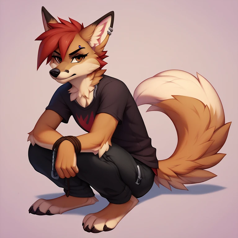 A dark purple Midnight femboy lycanroc wearing a black sweatshirt and a blue diaper and white socks with black stripes and a gold dog collar around his neck and with bracelets on his arms