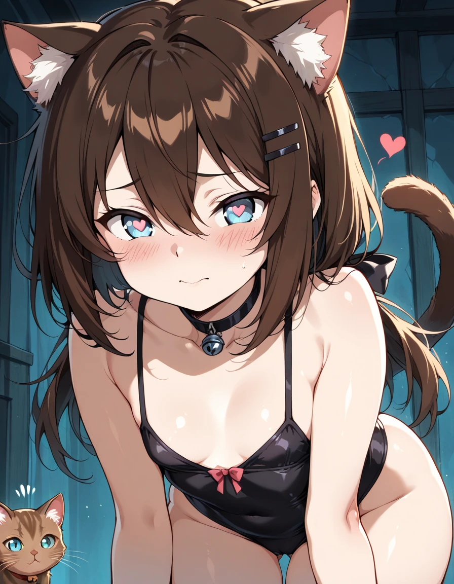 (Best quality, 8k, 32k, Masterpiece, UHD,:1.2),RAW, 1girl,ultra cute , natural lighting,transparent shining eyes, 20yo ,fair complexion, bra and panties, lace trim, sheer, kneeling, cat ear, cat tail, embarrassed, medium breast, From front