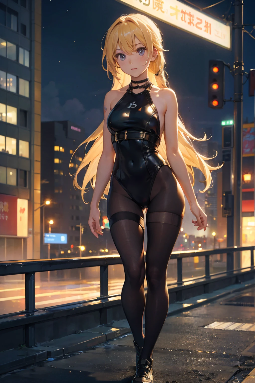 masterpeace, best quality, high resolution, 1 girl, solo, hayaska ai, black playboy bunny outfit, black headband, black bunny ears, black pantyhose, black slippers, side ponytail, hair between eyes, blue eyes, blonde hair , hair ornament, large breasts, medium waist, wide hips, medium thighs, butt round, hair scrunchie, bangs, long hair, side strands, necklace, collarbone, jewelry, city, street, sunny, good lighting, walking down the street, looking at viewer, from behind, pov(from below), perfect anatomy perfect hands