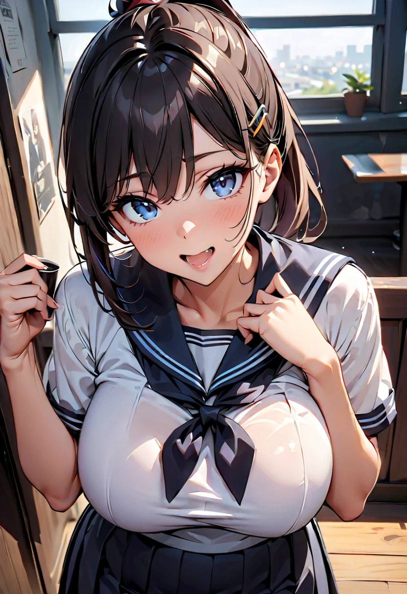 (Highest quality:1.2, Very detailed, Digital illustration, High Detail, masterpiece:1.2, Highest quality, Best aesthetics), (((1 Girl))), JK, Sailor suit, Pleated skirt, Open your mouth:1.2, Showing tongue, smile, (Black Hair, Braid), Dynamic Angle, Friendly atmosphere, Beautiful Hair, Shiny Hair, Beautiful Skin, Detailed face and eyes, Glossy Lips, Curvy Women, On all fours:1.2, gym, Looking up, Accurate fingering, Light and shadow with attention to detail, Background Blur.