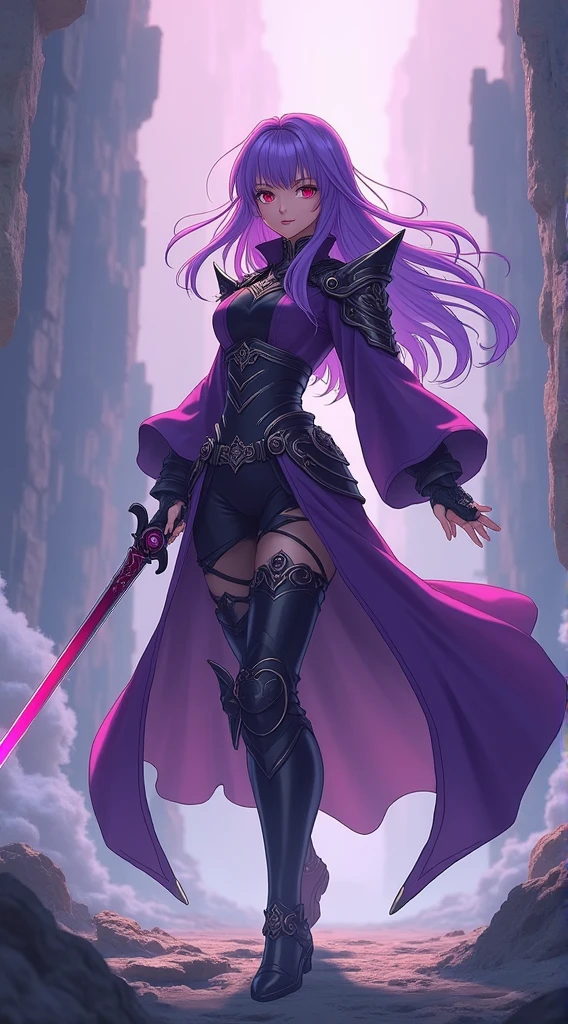 ((best quality)), ((masterpiece)), (detailed), perfect face, detailed, full body, pose, purple, neon, hack, slash, weapon, axe, sword, streetwear, techwear, dark skinned