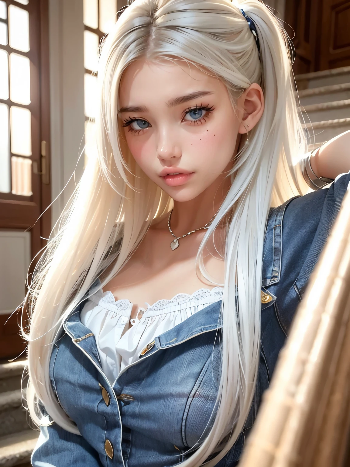 high resolution, 3D cartoon, (waist shot), (a girl, 20yo), (beautiful detailed face and eyes), (symmetrical clear eyes), (trendy symmetrical hairstyle), (medium breasts), (wearing trendy clothes), (cleavage), masterpiece, best quality